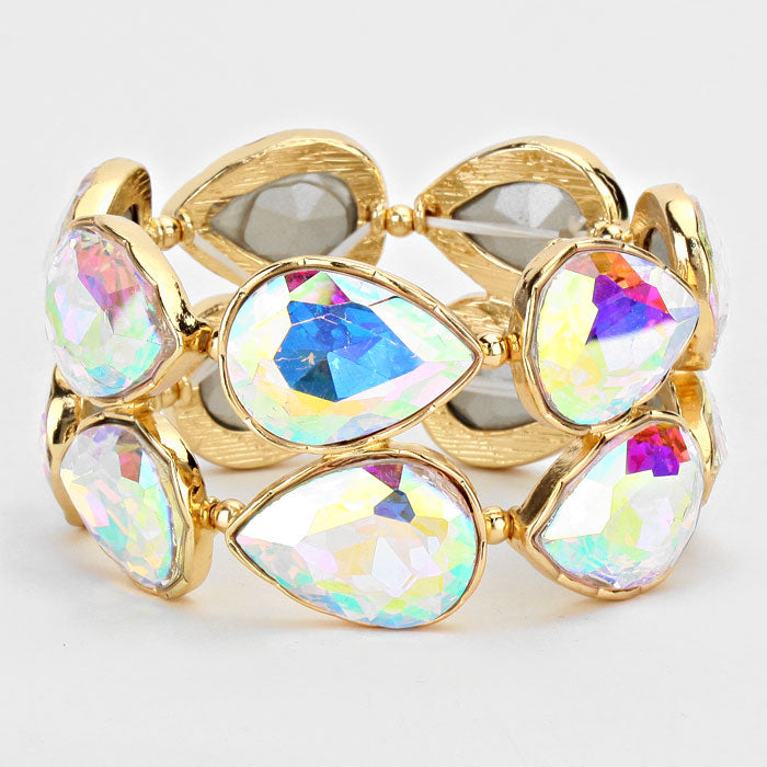 AB Crystal Teardrop Stretch Bracelet in Gold - Elegant Adjustable Beaded Jewelry for Women | Perfect for Parties, Weddings & Everyday Wear