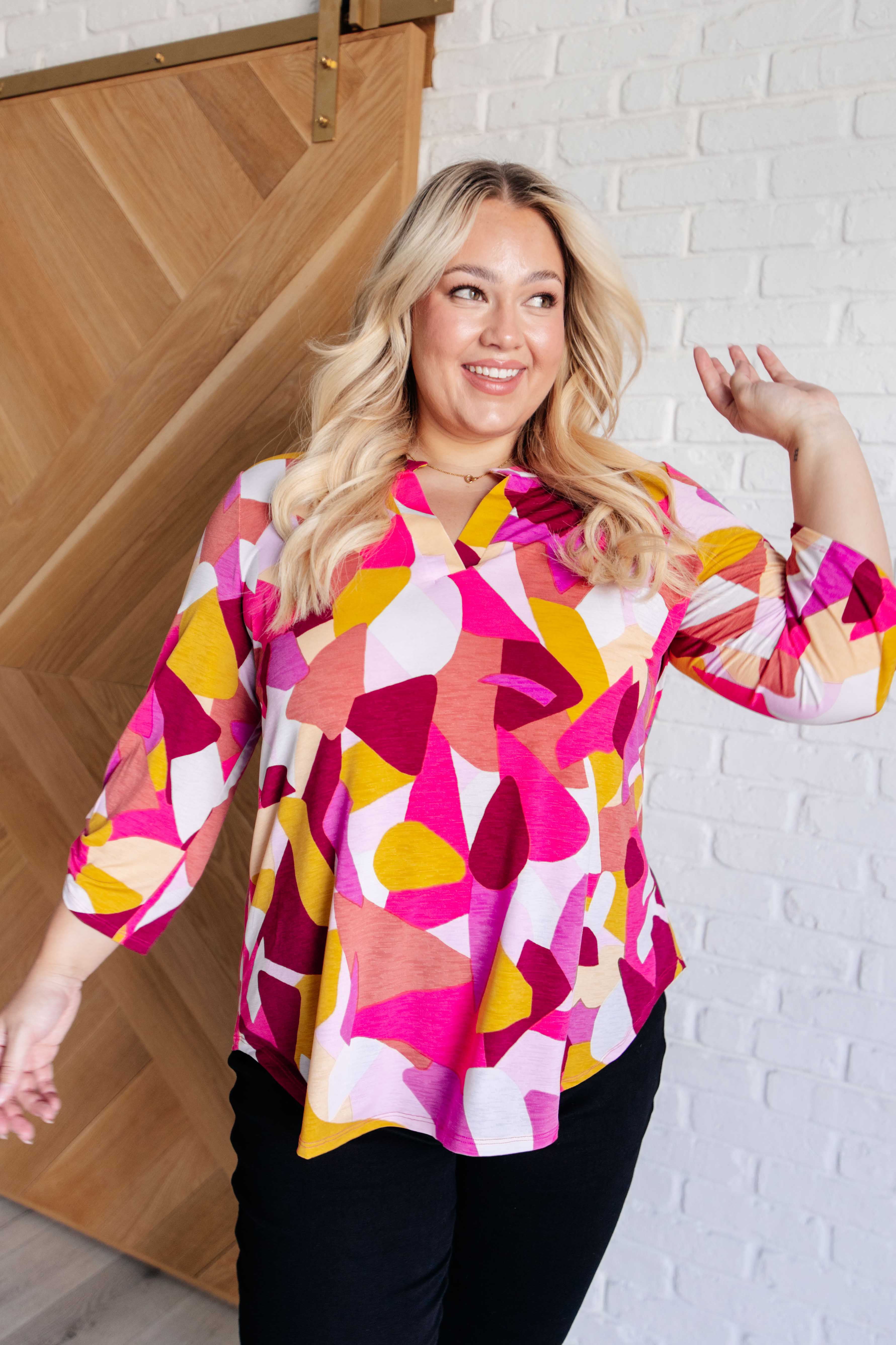 Lizzy Top - Women's Fashion Blouse in Magenta & Mustard Abstract Print | Trendy Casual Shirt for Date Night, Office Wear & Summer Outfits