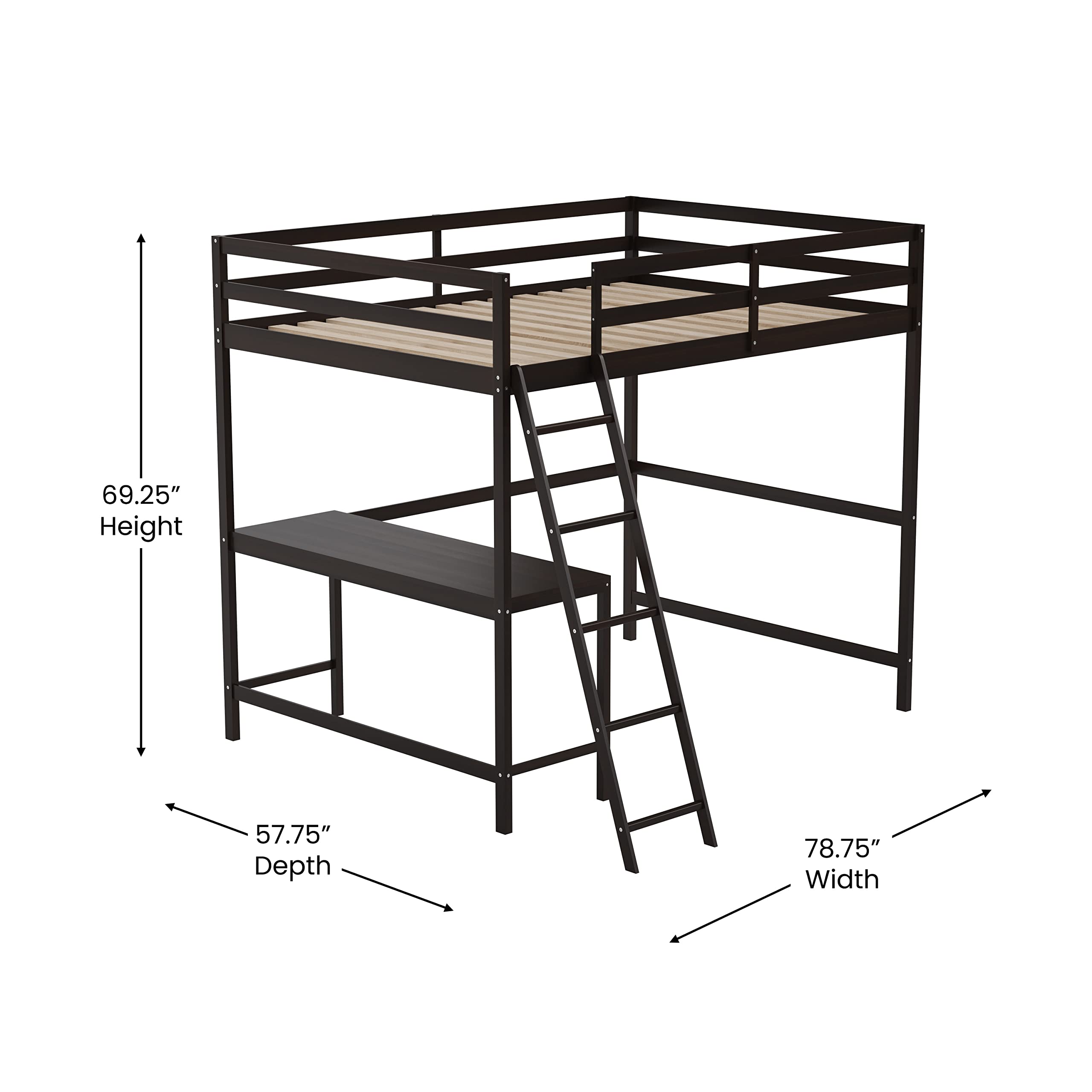 Full Size Loft Bed Frame with Built-in Desk & Ladder - Espresso Wood Slats with Protective Guard Rails - Space Saving Kids & Teens Bed - Perfect for Small Bedrooms, Dorms, and Studio Apartments
