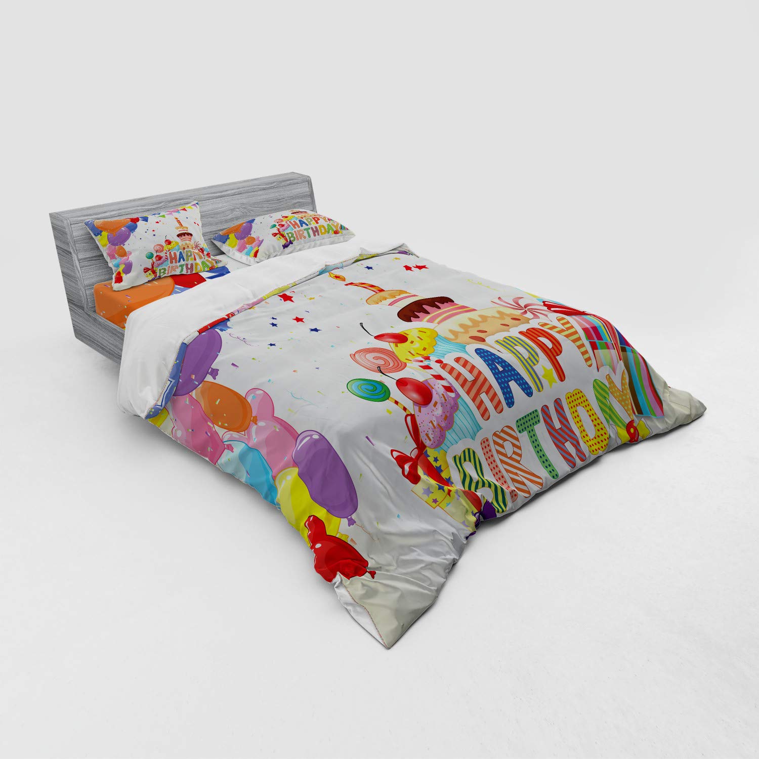 Ambesonne 4-Piece Queen Size Birthday Bedding Set - Heart Shaped Balloons, Cupcakes, Candies & Party Hats Design, Duvet Cover with Shams & Fitted Sheet, Vibrant Multicolor | Perfect for Birthday Parties, Kids Rooms & Gift Giving