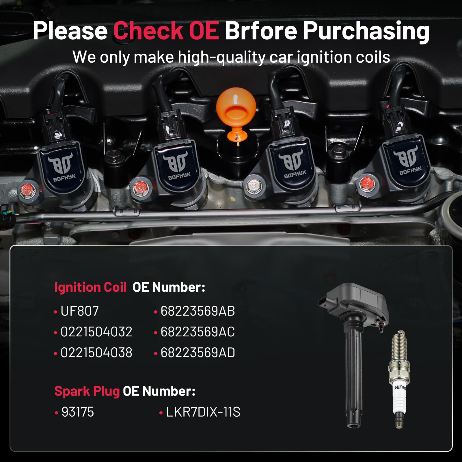BDFHYK Ignition Coil Pack UF807 & Iridium Spark Plugs 93175 - Compatible with Chrysler Pacifica, Dodge Durango, Jeep Grand Cherokee/Wrangler, Ram 1500 3.6L V6 (68223569AB, LKR7DIX-11S) - 6-Piece Set for Improved Engine Performance & Fuel Efficiency