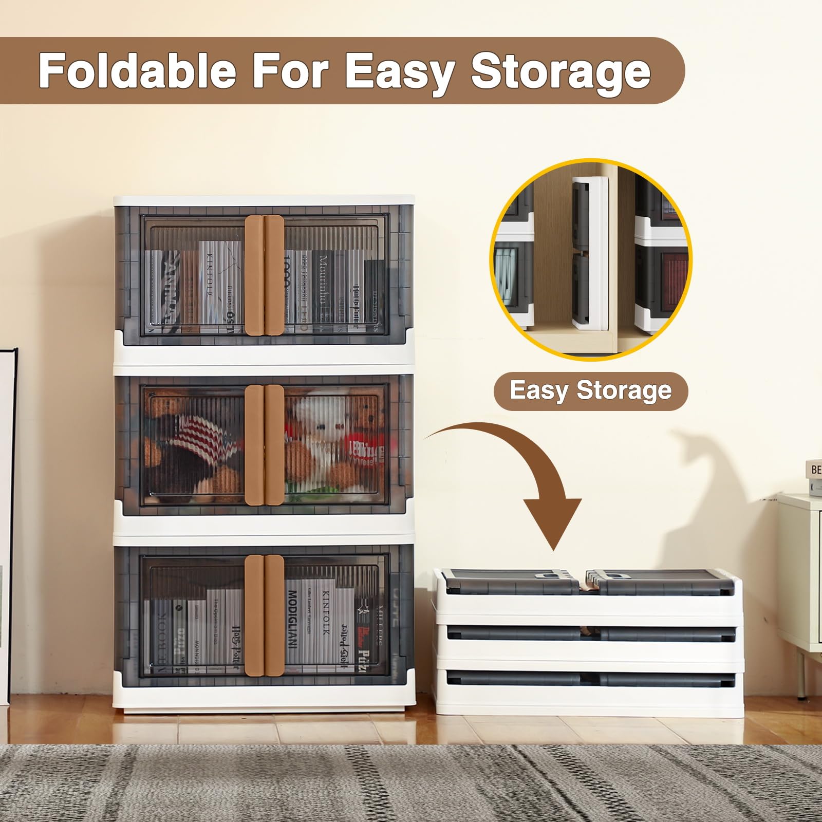 4-Pack 100Qt (25 Gallon) Stackable Plastic Storage Bins with Lids & Wheels - Foldable Closet Organizer, Storage Cabinet with Doors for Home, Dorm, Office, Garage (V6 Brown) - Perfect for Clothes, Toys, Seasonal Items & Household Organization