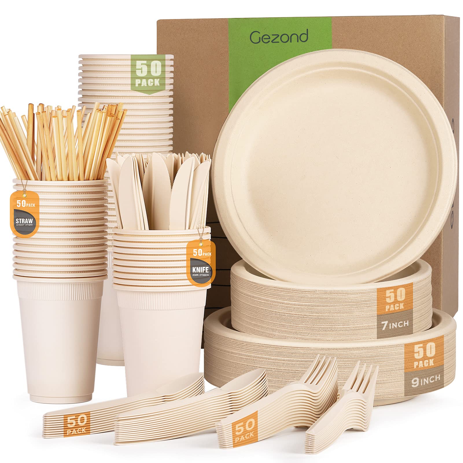 350-Piece Biodegradable Compostable Paper Plate Set - Eco-Friendly Heavy Duty Disposable Plates, Forks, Knives, Spoons, Cups & Straws for 50 Guests - Perfect for Weddings, Parties, Picnics & Outdoor Events