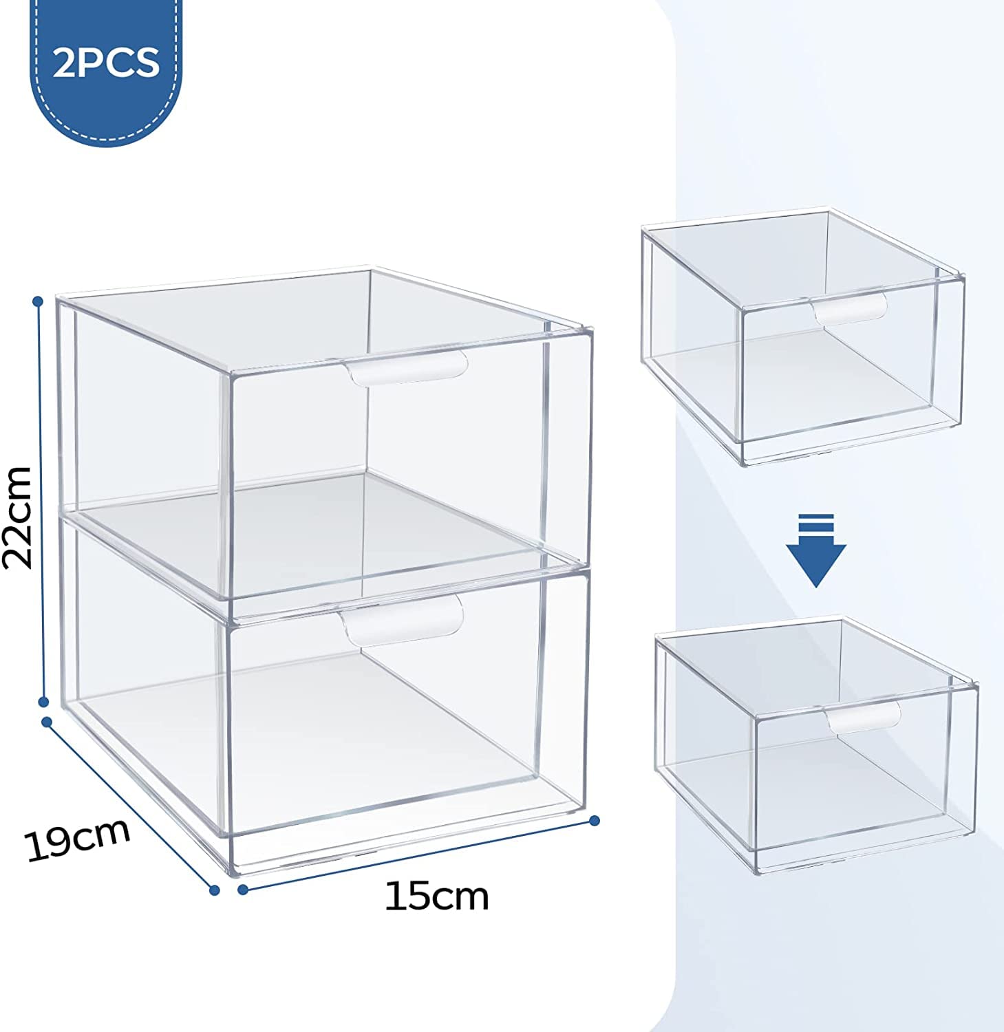 4 Pack Stackable Clear Plastic Drawer Organizer Bins - Bathroom & Kitchen Storage Containers for Cosmetics, Makeup, Nail Art - Under Sink Organization Solution (Perfect for Bedroom, Office & Vanity Organizing)