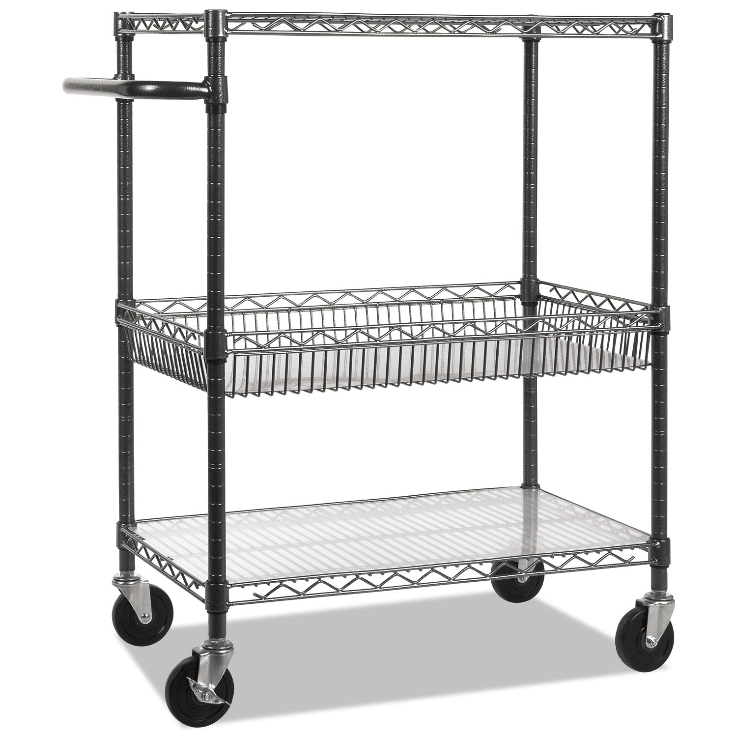 Alera® 3-Tier Heavy Duty Wire Utility Cart with Storage Basket - 500 lb Capacity Metal Rolling Cart (34