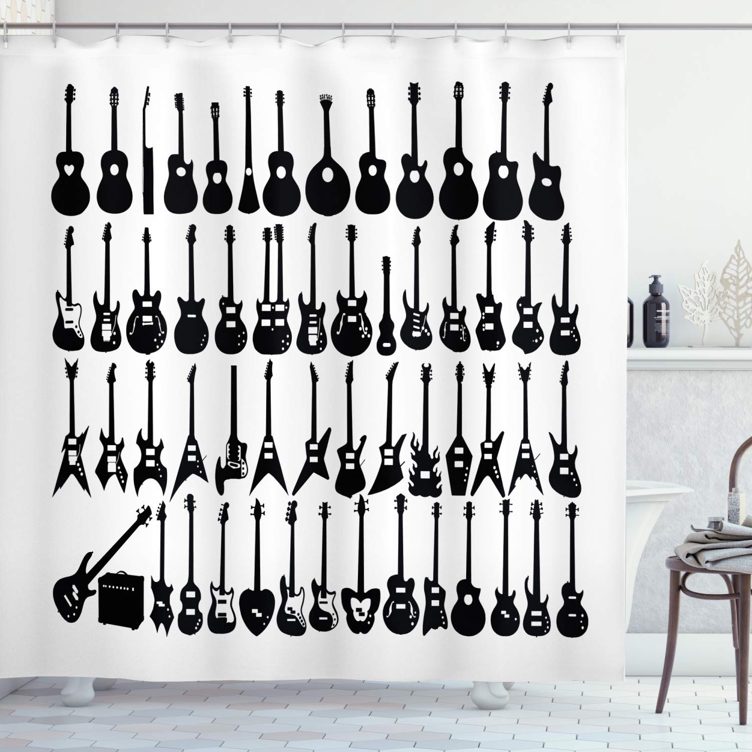 Ambesonne Guitar Shower Curtain - Stylish Charcoal Grey & White Bathroom Decor with Hooks, 69x75 Inches, Premium Cloth Fabric - Perfect for Music Lovers' Bathroom, Dorm, or Apartment Decor