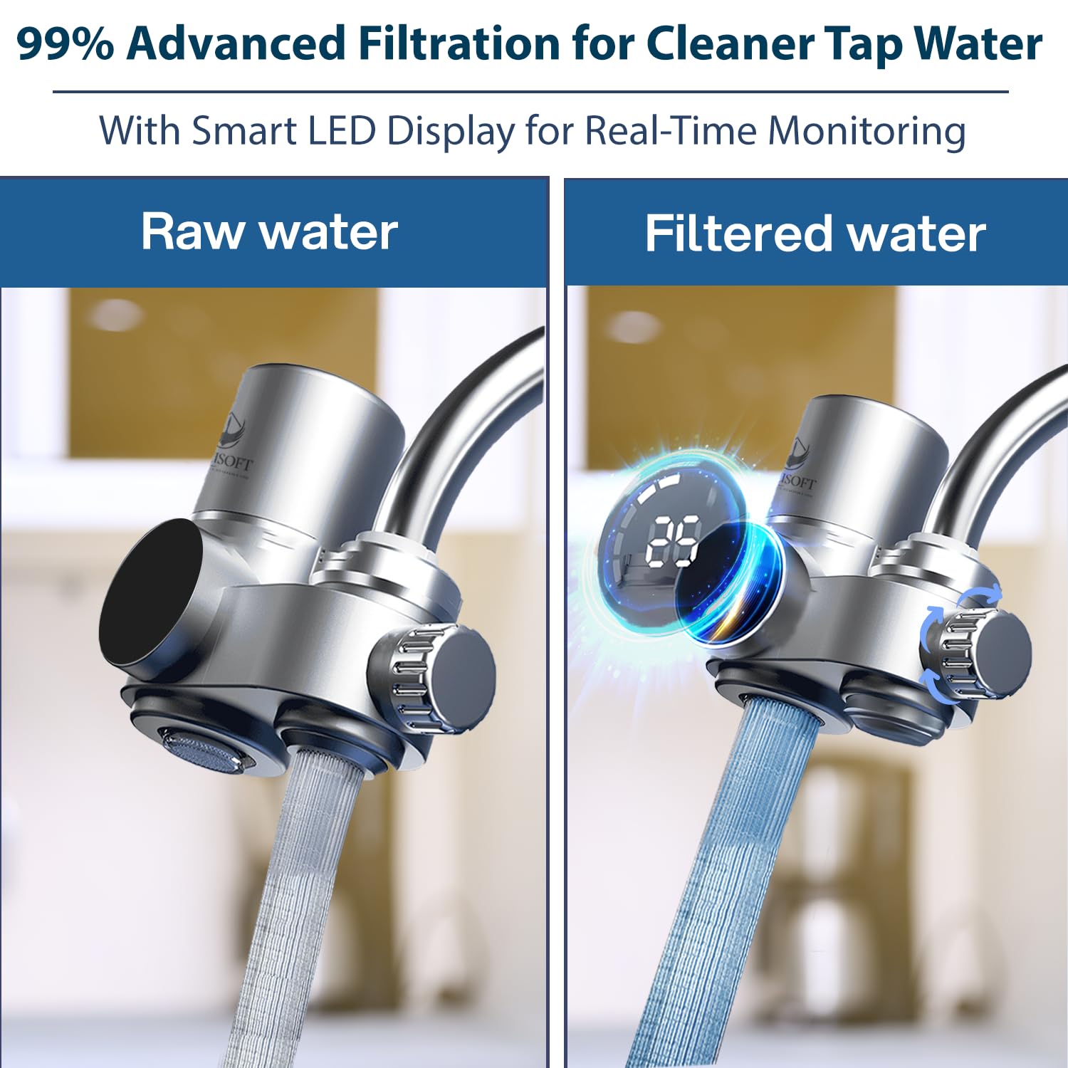 AQUSOFT Faucet Mount Water Filter with LED Indicator - 99% Filtration, Removes Impurities, Fits Standard Faucets | Includes 1 New 2.0 Filter Element | Perfect for Kitchen Sink, RV, Camping & Emergency Water Purification