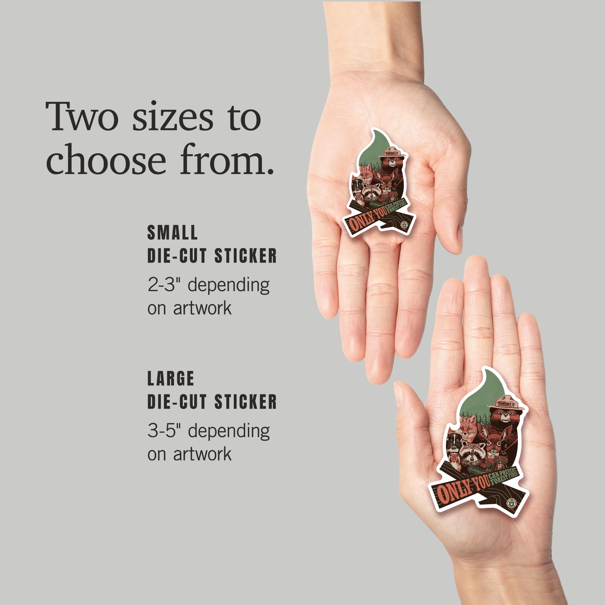Smokey Bear and Woodland Creatures Die Cut Vinyl Stickers - 1 to 3 Inch Waterproof Decals for Cars, Laptops, Water Bottles & Coolers - 'Only You Can Prevent Wildfires' Outdoor-Themed Stickers - Perfect for Hiking Gear, Camping Equipment, and Nature Lover Gifts