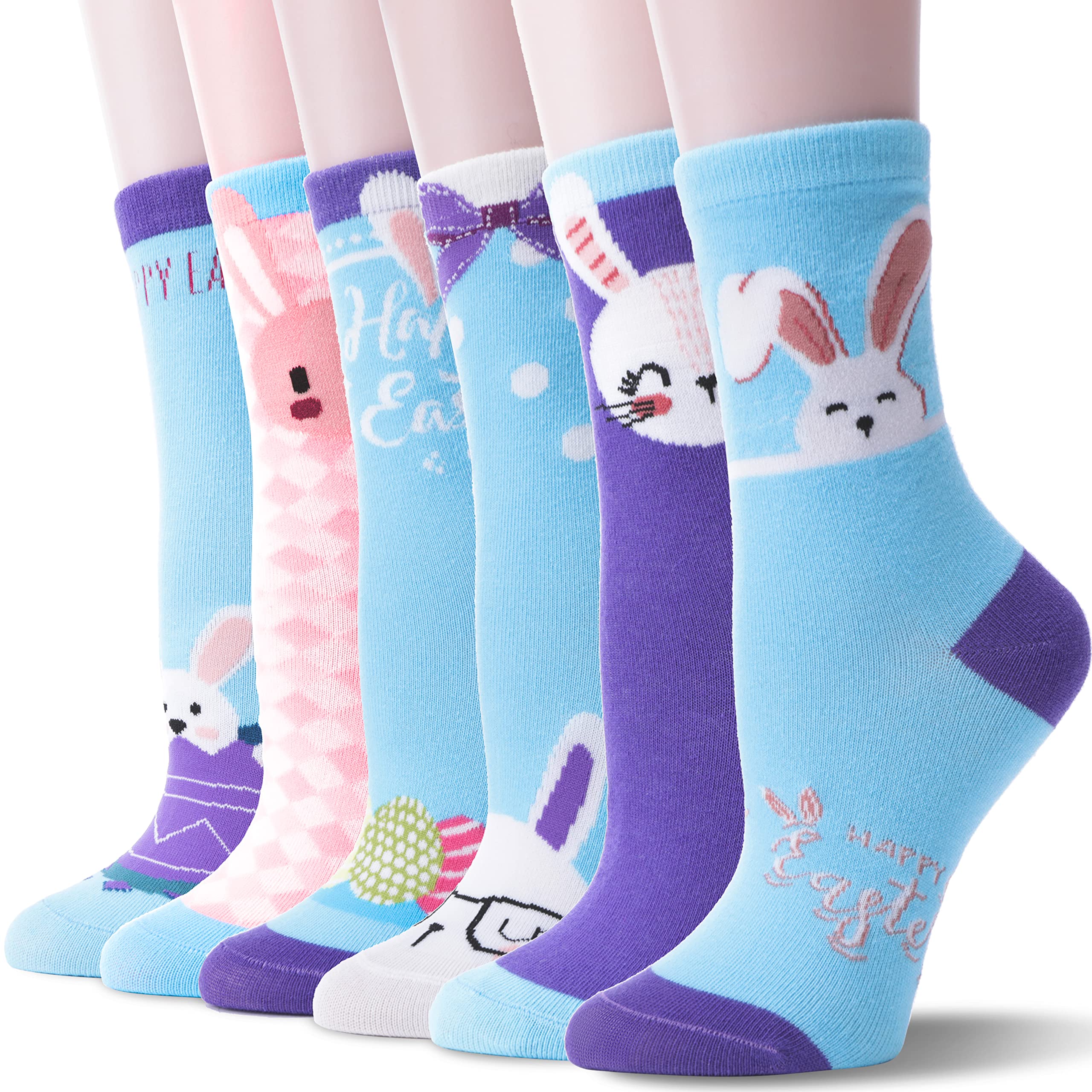 Cute Girls' Bunny Crew Socks - 6 Pairs Soft Cotton Fun Novelty Socks for Kids Ages 5-8 (Blue) - Perfect for Easter Gifts, Stocking Stuffers & Everyday Playtime