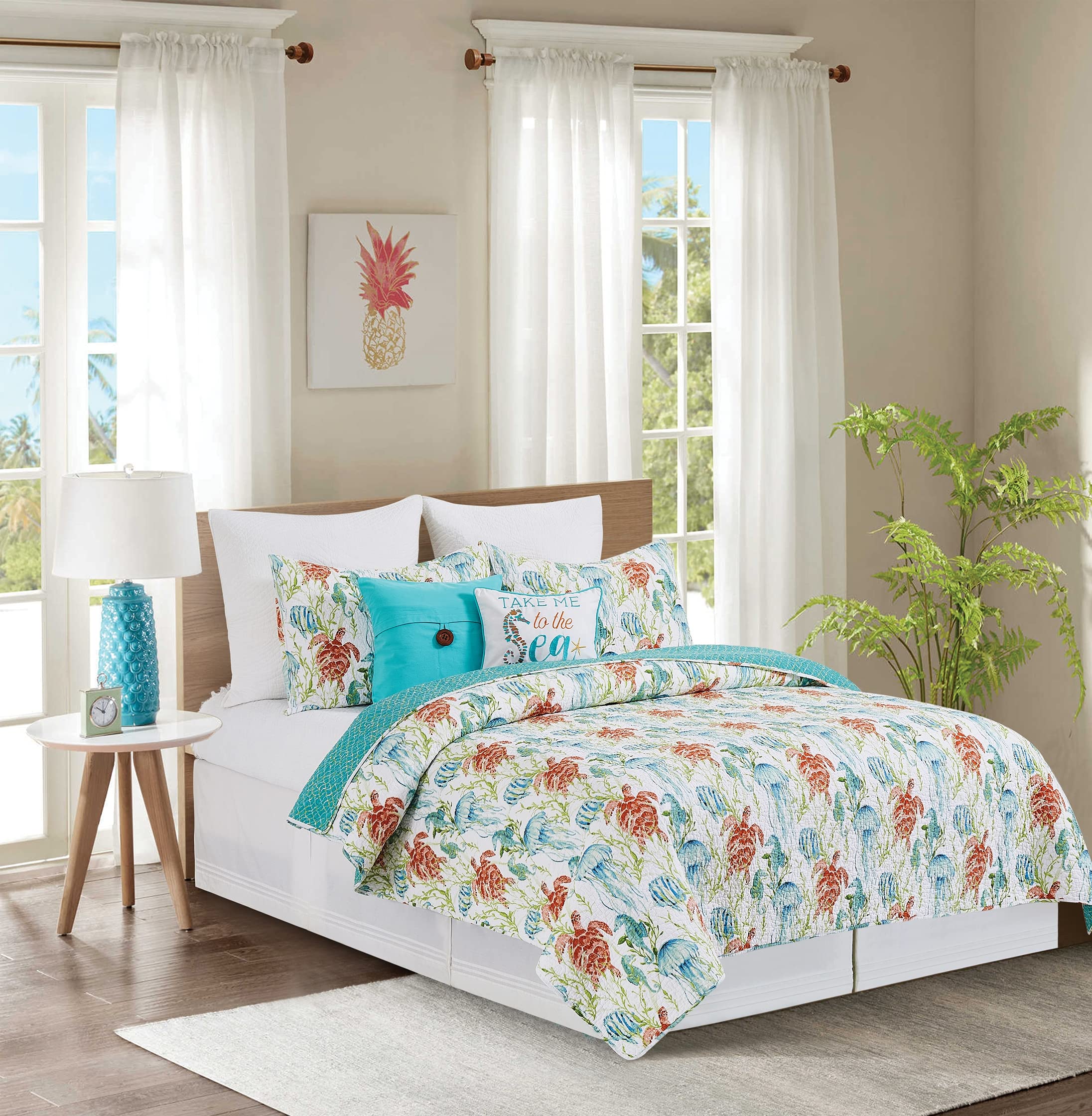 C&F Home Paradise Sound 3-Piece Full/Queen Quilt Set - Aqua Animal Icon Print, Coastal Ocean Beach Seaside Theme, 100% Cotton, Lightweight & Machine Washable, Reversible Bedspread Coverlet - Perfect for Beach House, Guest Room & Coastal Decor
