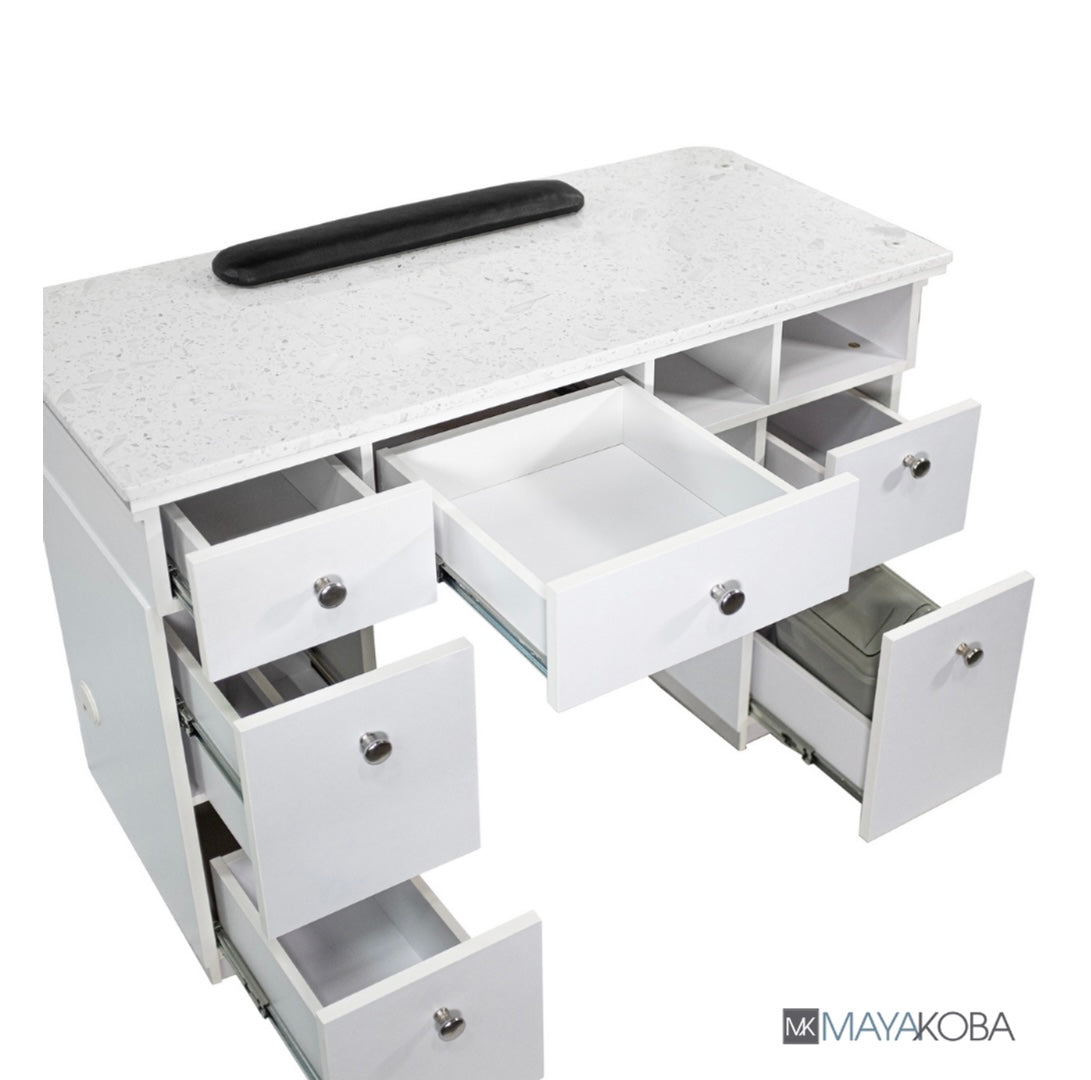 Professional Napa Manicure Table in White & Silver - Portable Nail Salon Table for Home & Spa Use - Perfect for Manicures, Pedicures, and Nail Art Services