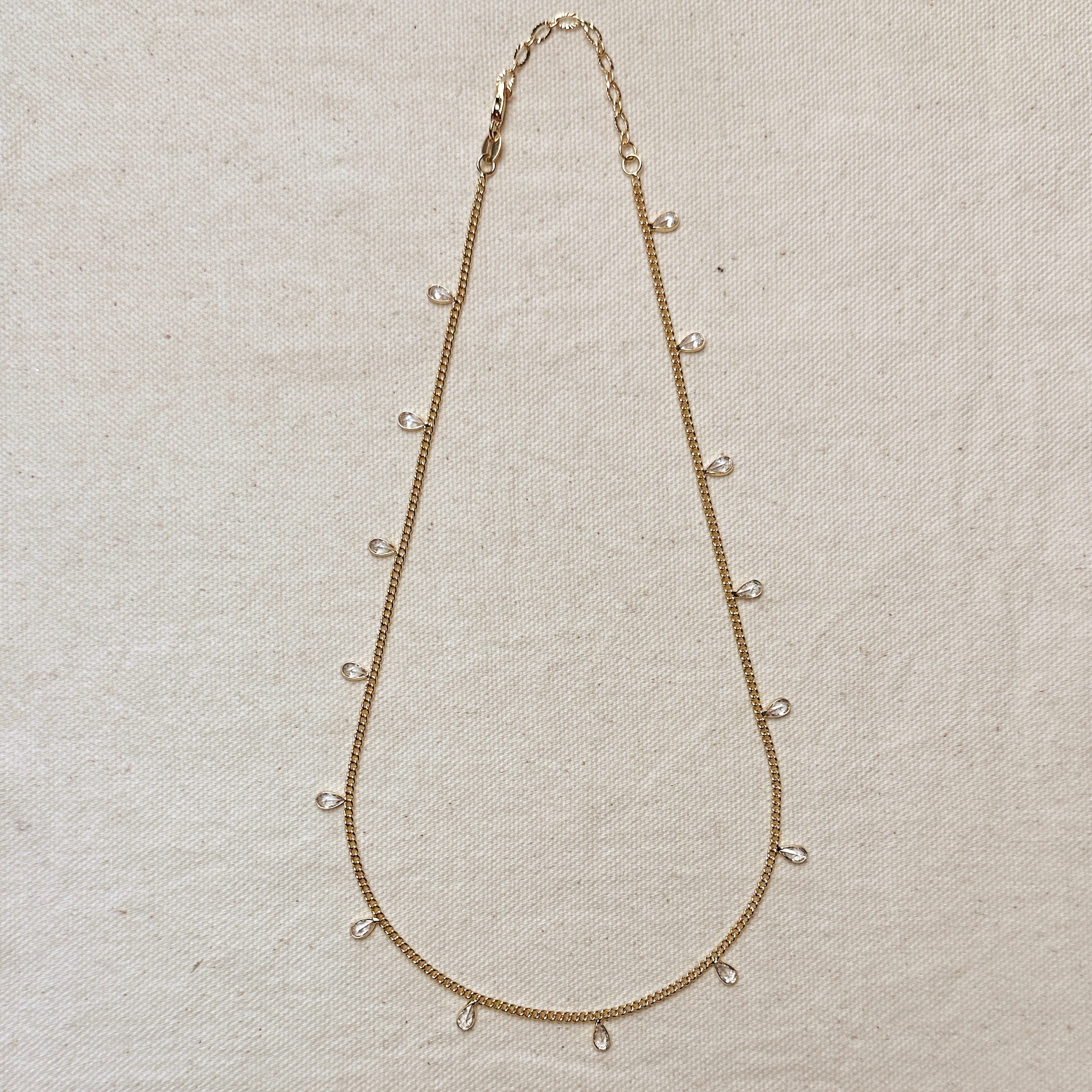 18K Gold Filled 2mm Curb Chain Necklace with Bezel CZ Drop Pendants - Elegant Layering Jewelry for Women, Perfect for Everyday Wear, Parties & Special Occasions