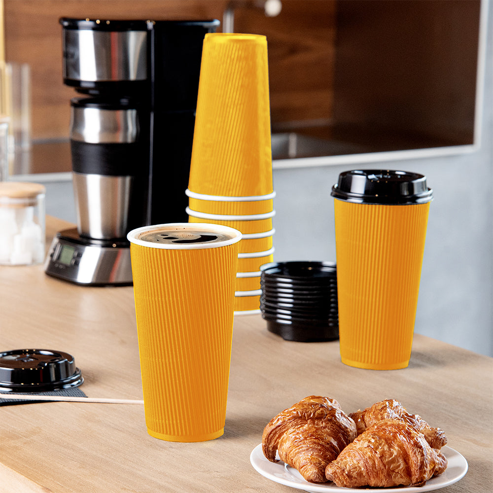 20 oz Yellow Paper Coffee Cups with Ripple Wall - 3.5
