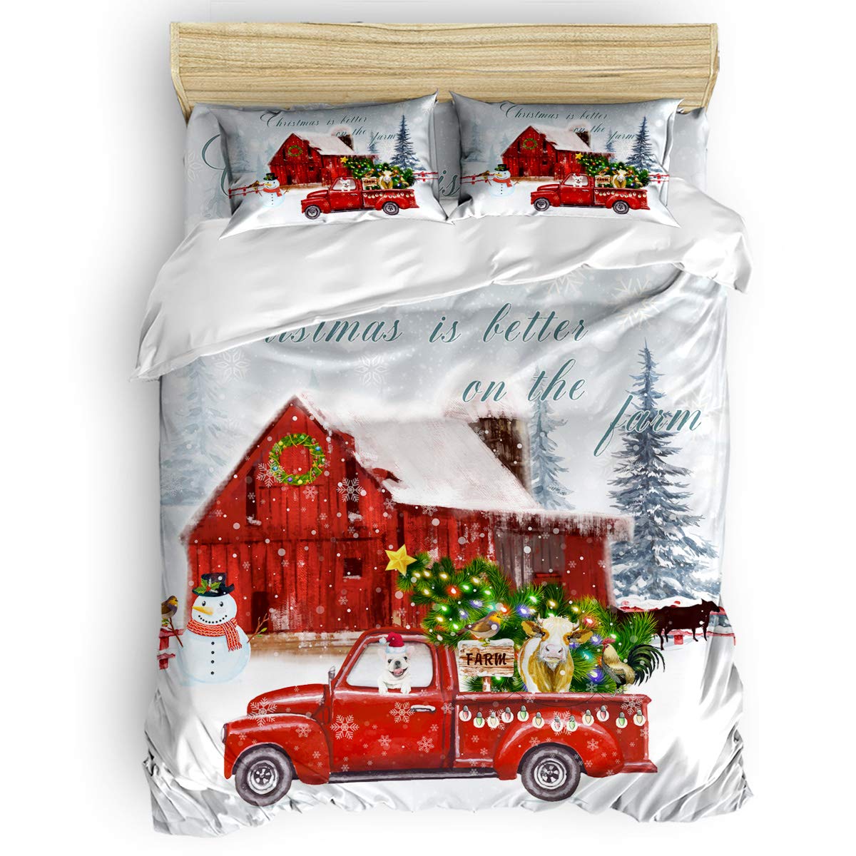 Yogaly 4-Piece Twin Size Bedding Set - Soft Duvet Cover, Fitted Sheet, Pillow Shams - Farmhouse Christmas Barn Truck Cow Snowman Print - Cozy Quilt Set for Kids & Adults - Perfect for Holiday Decor & Winter Warmth