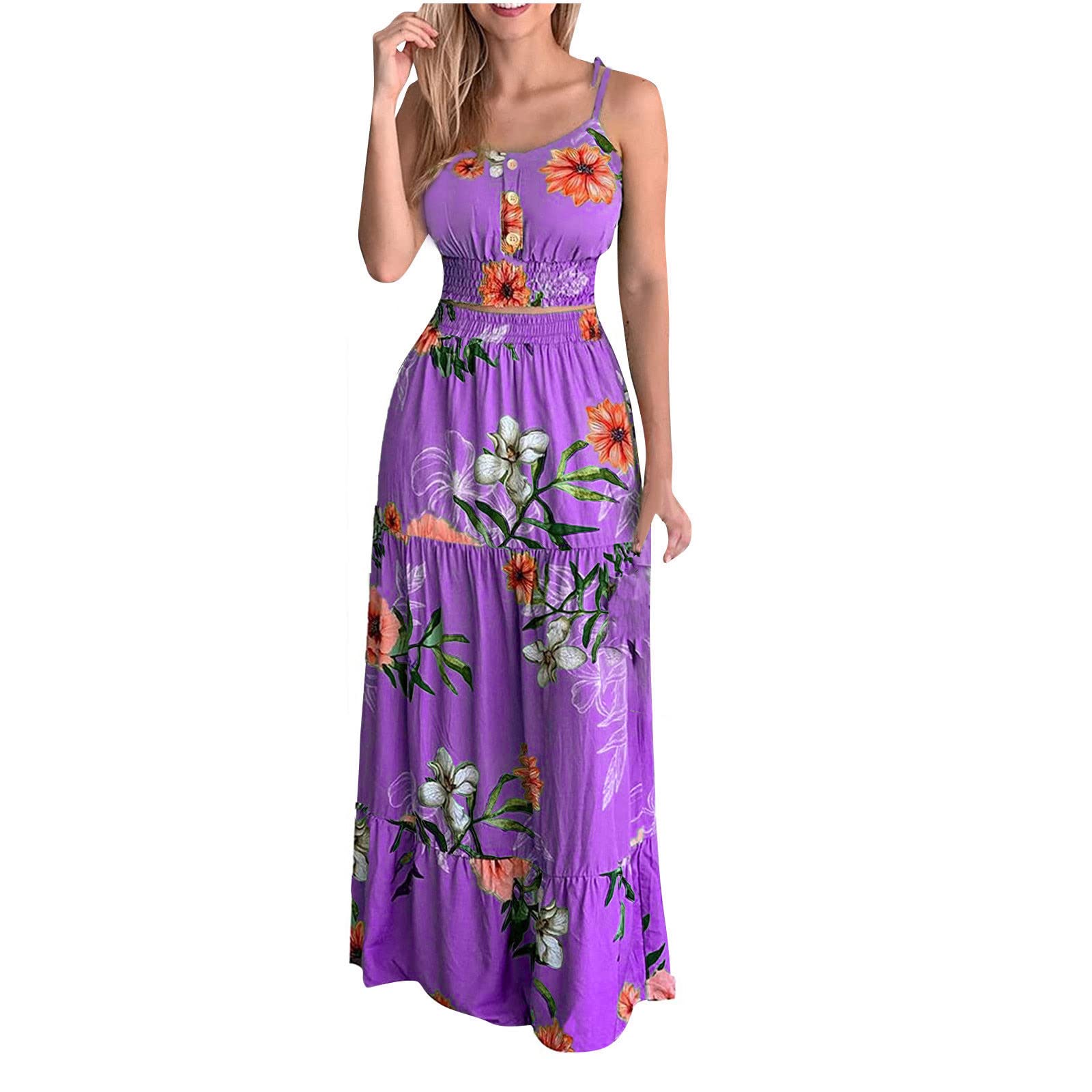 Sexy Summer Two Piece Outfits for Women - Floral Print Crop Top & Long Skirt Set with Button Details | Sleeveless Camisole Skirt Combo for Beach Vacation, Date Night & Summer Parties
