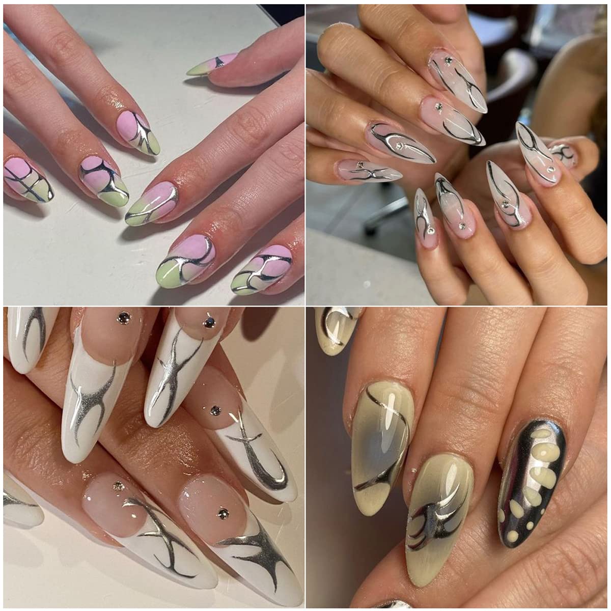 3D Gold & Silver Fish Bone Nail Art Stickers - Holographic Stripe Graffiti Design, Champagne Gold Geometric Nail Decals (6 Pcs) - Perfect for Manicures, French Nails & DIY Nail Art Decorations