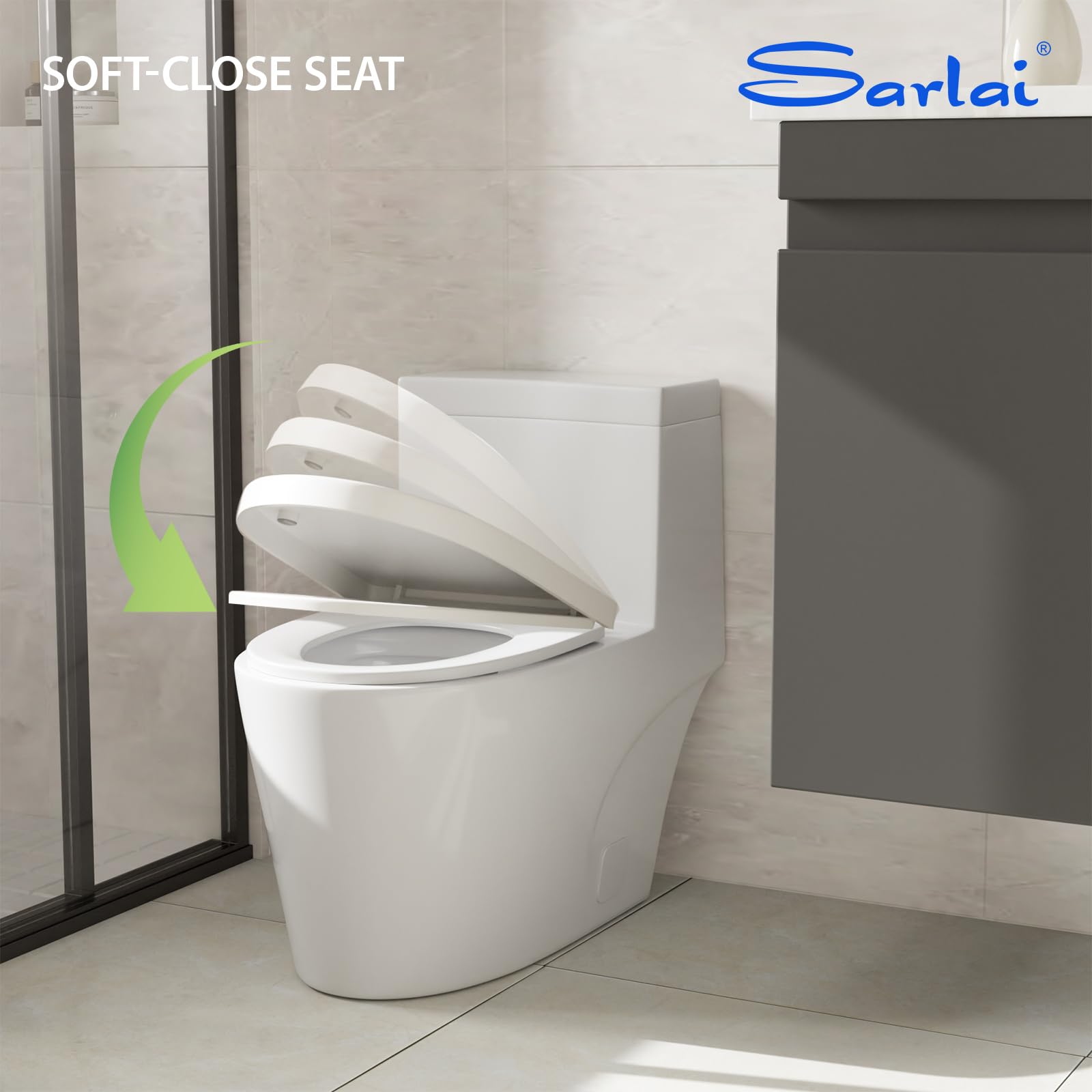 **Sarlai 1.28 GPF Modern White Ceramic One-Piece Toilet - Elongated Comfort Height, 12