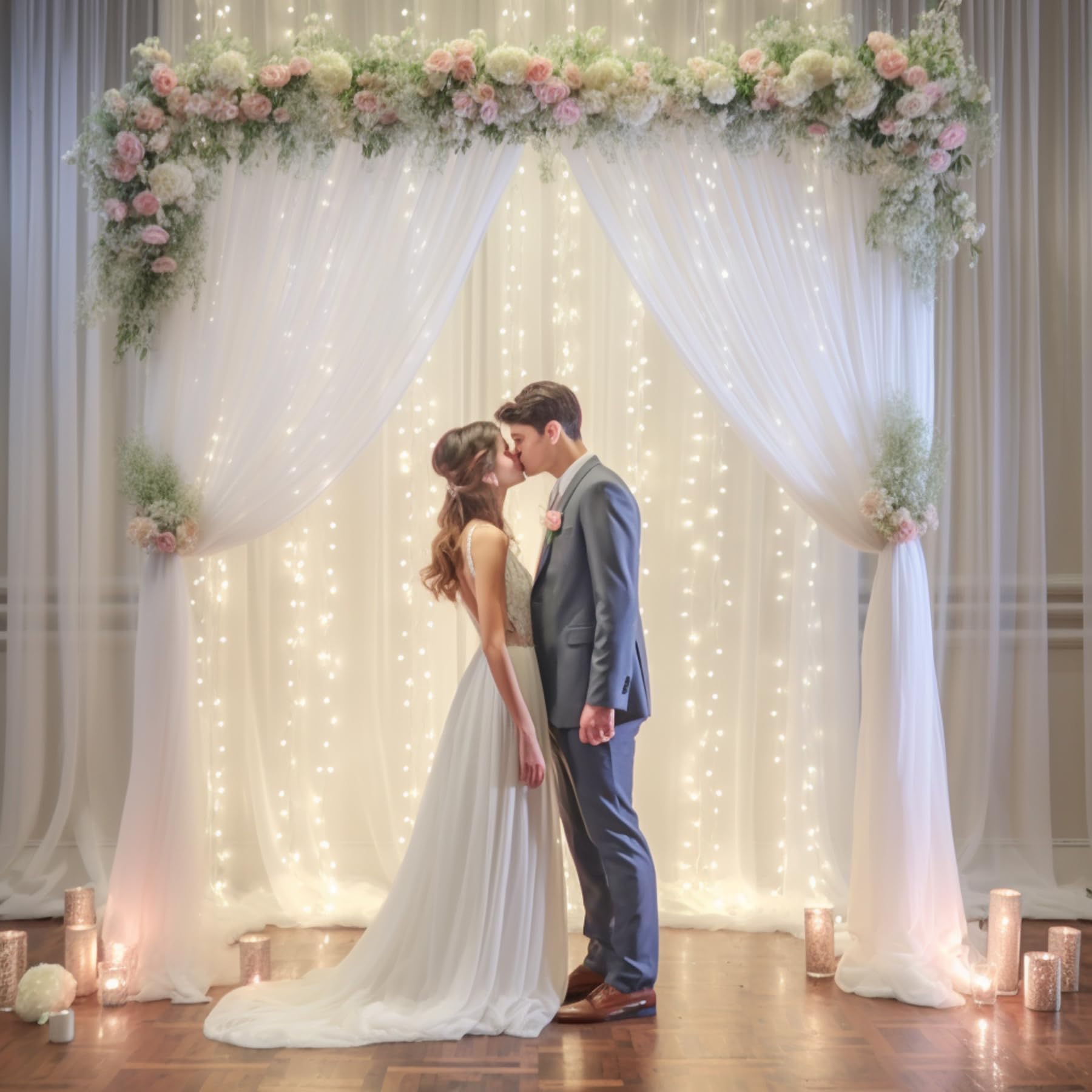 20x10ft White Tulle Backdrop Curtain with Fairy Lights - Sheer Wedding Photo Backdrop for Ceremony, Reception, Bridal Shower, Baby Shower & Birthday Party Decorations - Perfect for Indoor/Outdoor Events & Photography