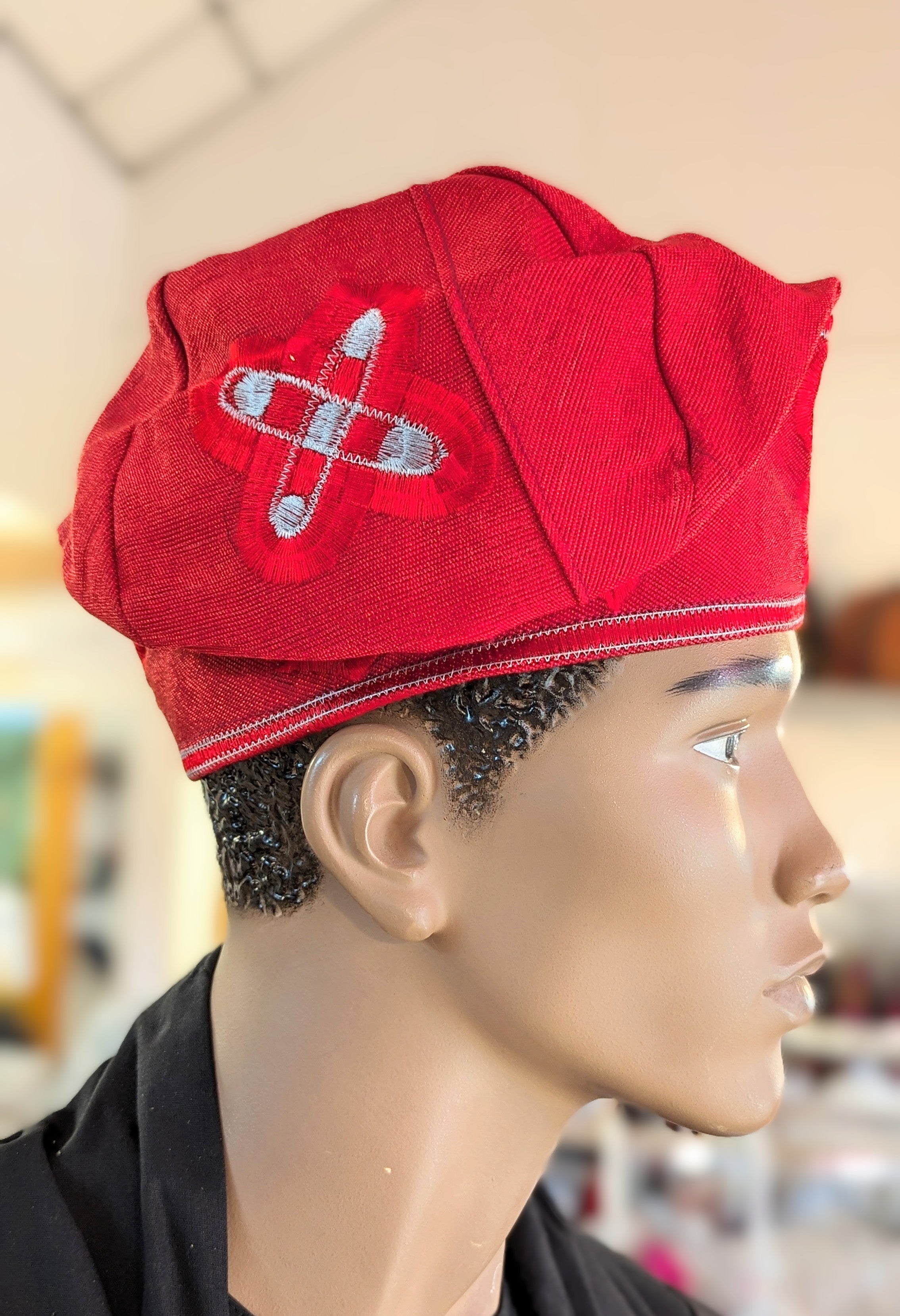 Stylish Red and Silver Fila Ayaba African Aso Oke Kufi Cap Hat by Dupsie - Traditional Nigerian Headwear for Men - Perfect for Weddings, Cultural Events & Special Occasions
