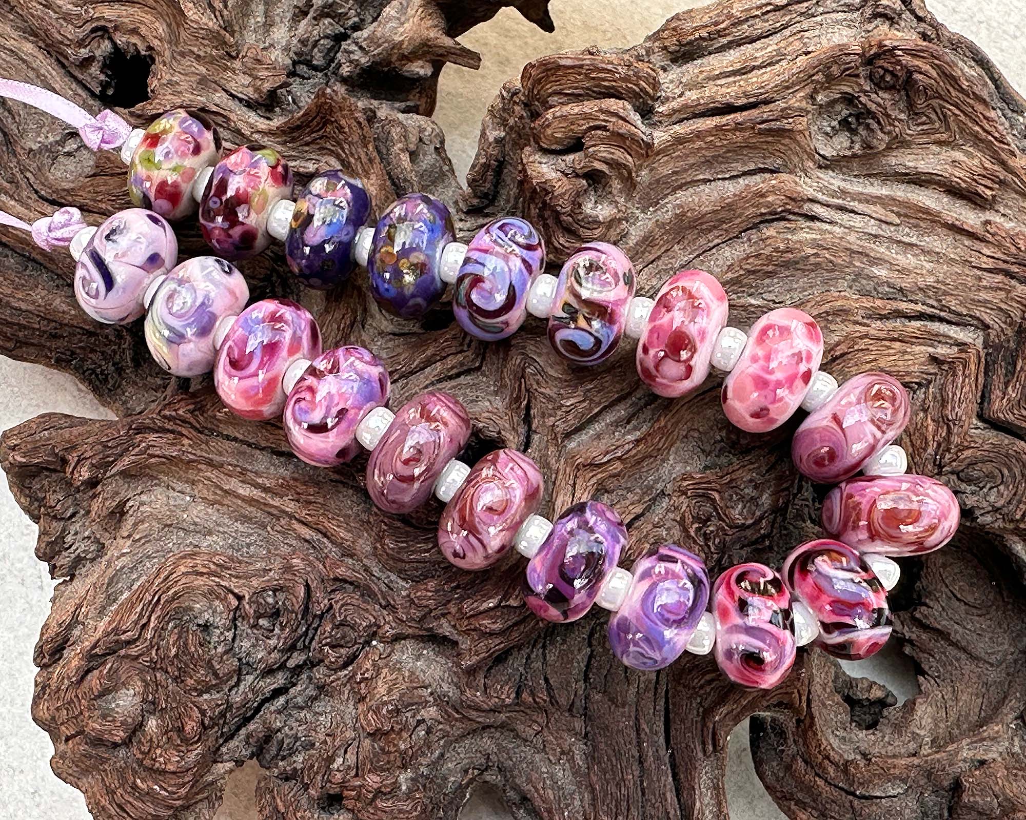 20 Pink Violet Swirl Lampwork Glass Beads Set for Jewelry Making - DIY Bracelet, Necklace & Craft Projects - SRA Certified Artisan Beads