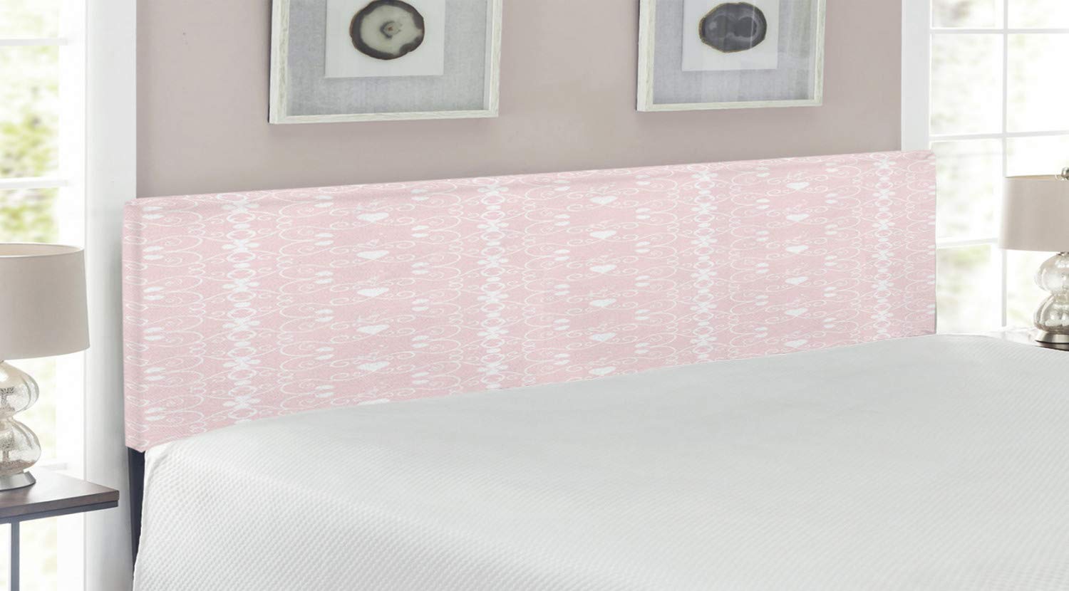Ambesonne Victorian Style Upholstered Metal Headboard - Pink & White Floral Pattern with Curly Leaves & Hearts, King Size Blush White Memory Foam Bed Headboard | Perfect for Girls' Bedrooms, Master Suites & Feminine Home Decor