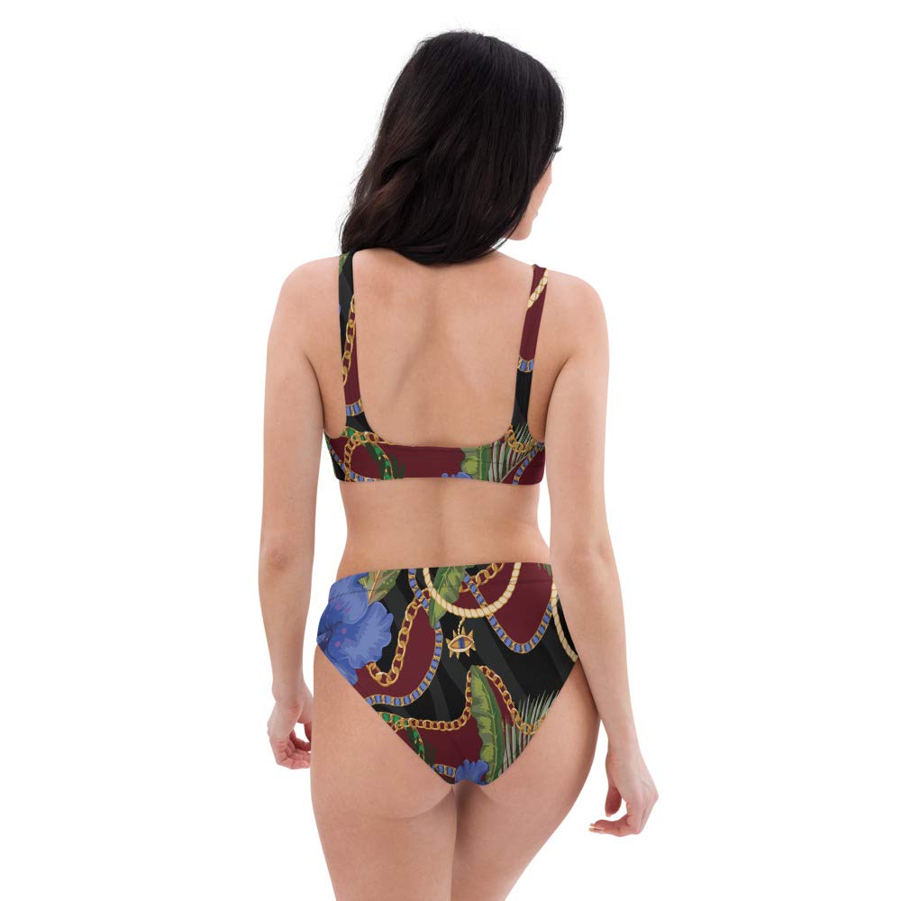 Eco-Friendly High Waisted Bikini Set for Women - Floral & Striped Swimwear in Blue, Maroon & Black | Perfect for Beach Vacations, Pool Parties & Summer Getaways