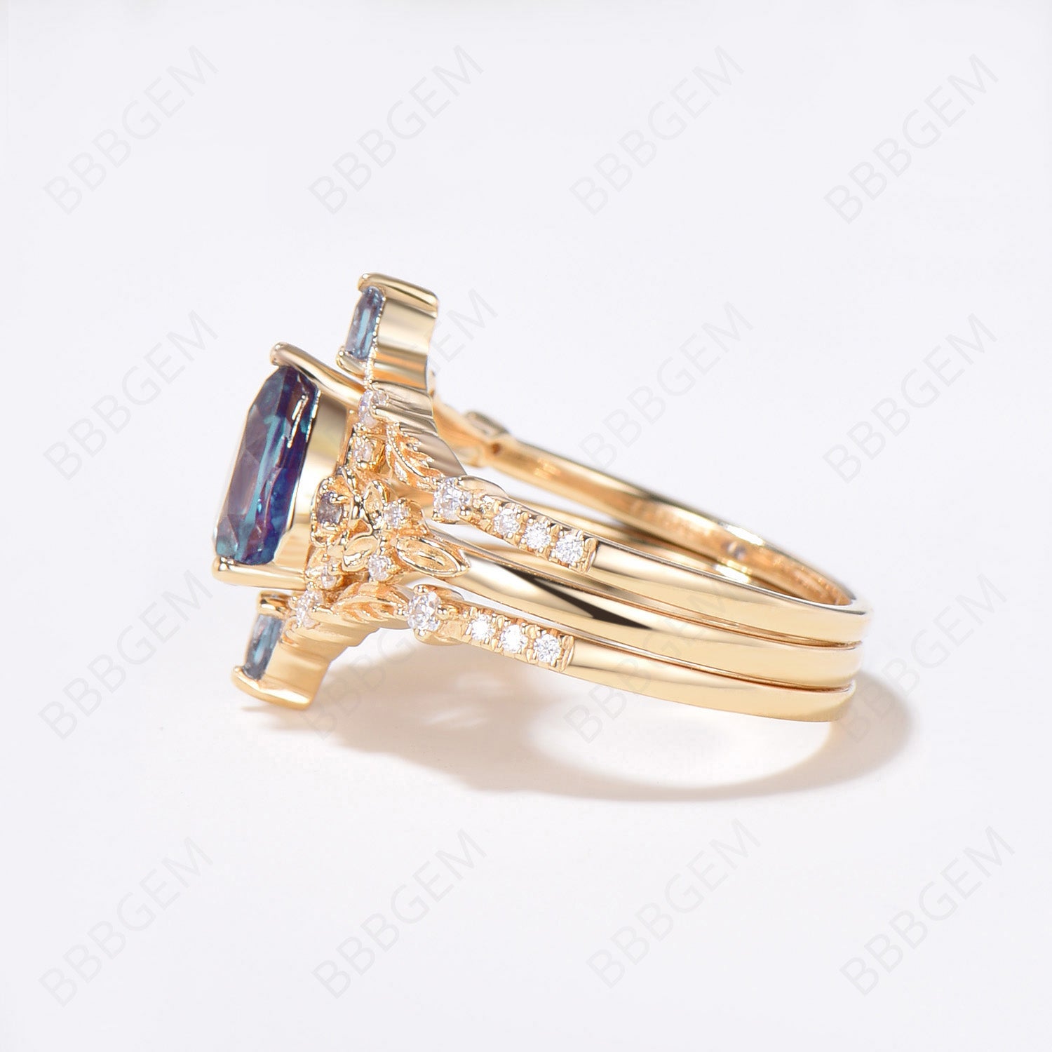 14K Solid Gold Pear Shape Alexandrite Engagement Ring Set with Floral Promise Ring & Branch Leaf Wedding Band Enhancer - Nature Inspired Jewelry for Weddings, Anniversaries & Romantic Gifts