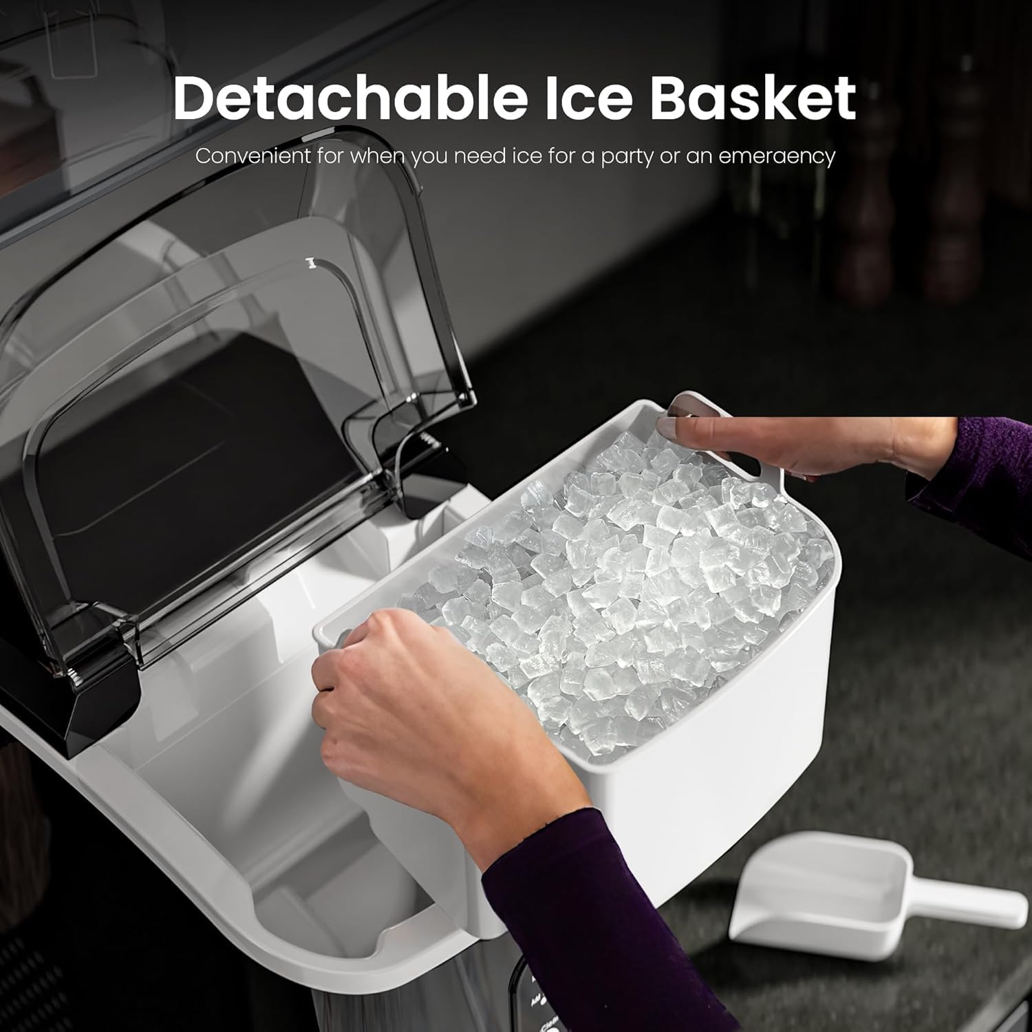 Kismile Countertop Nugget Ice Maker - Portable Sonic Ice Machine with Self-Cleaning & One-Touch Operation for Home, Office, Bar, or Party (Stainless Steel Black) - Perfect for Cocktails, Sodas, and Beverages