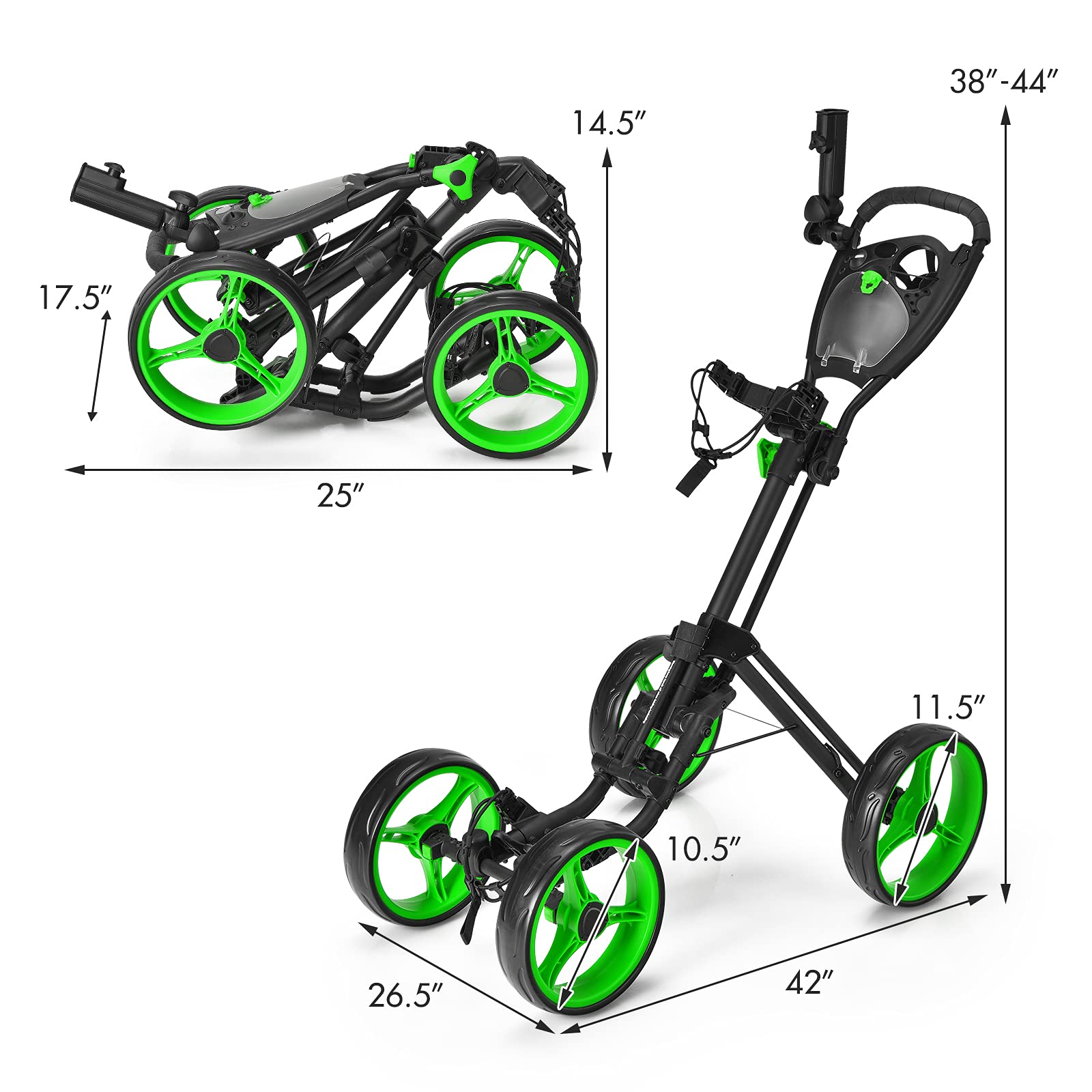 GYMAX 4 Wheel Folding Golf Push Cart - Adjustable Height Golf Trolley with Umbrella Holder, Cup Holder & Foot Brake - Lightweight Portable Golf Caddy for Adults & Teens - Perfect for Course, Driving Range & Practice Sessions