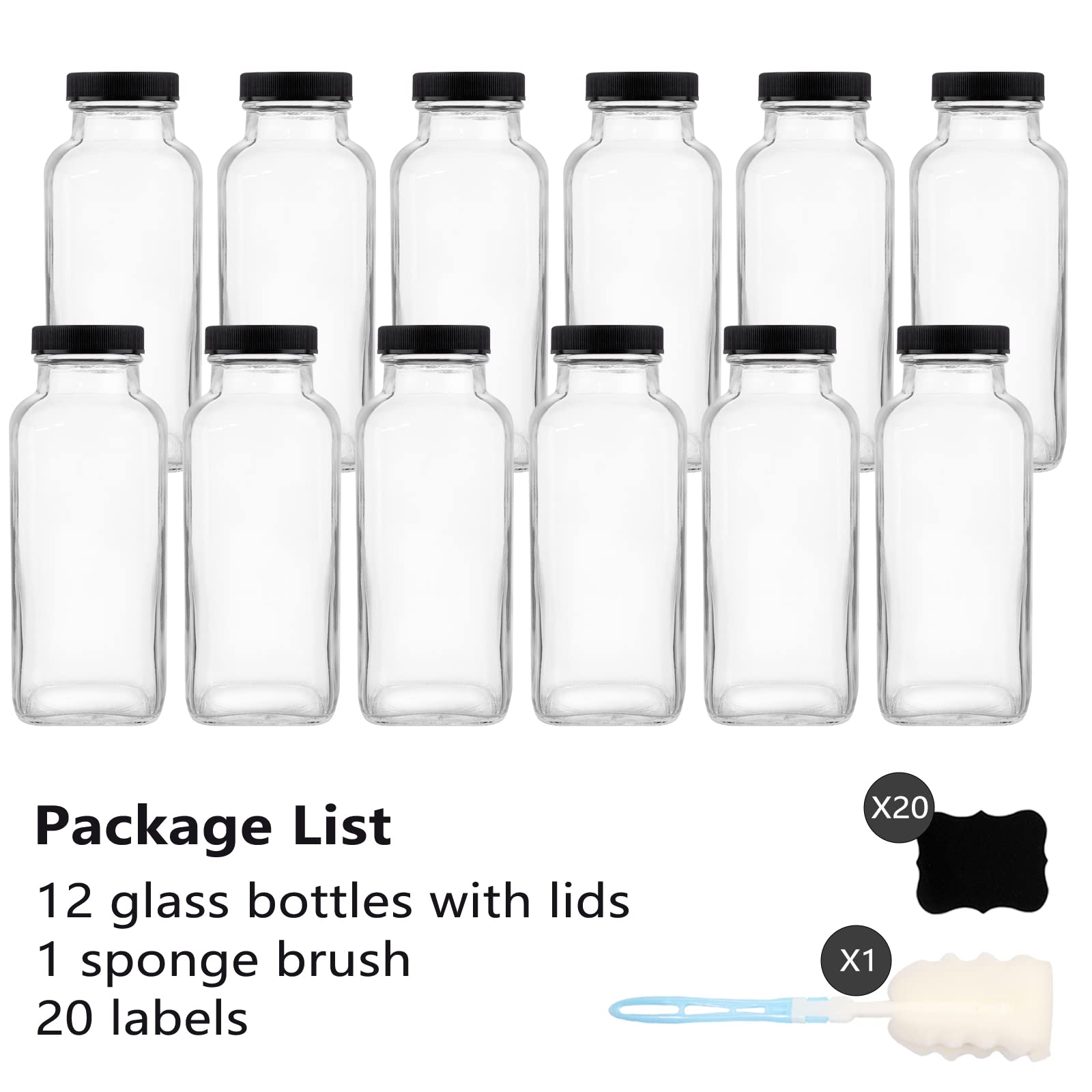12 Pack 12oz Vintage Square Glass Drink Bottles with Lids - Reusable Juice & Beverage Containers for Milk, Kombucha, Smoothies - Perfect for Home, Office, Picnics & Meal Prep
