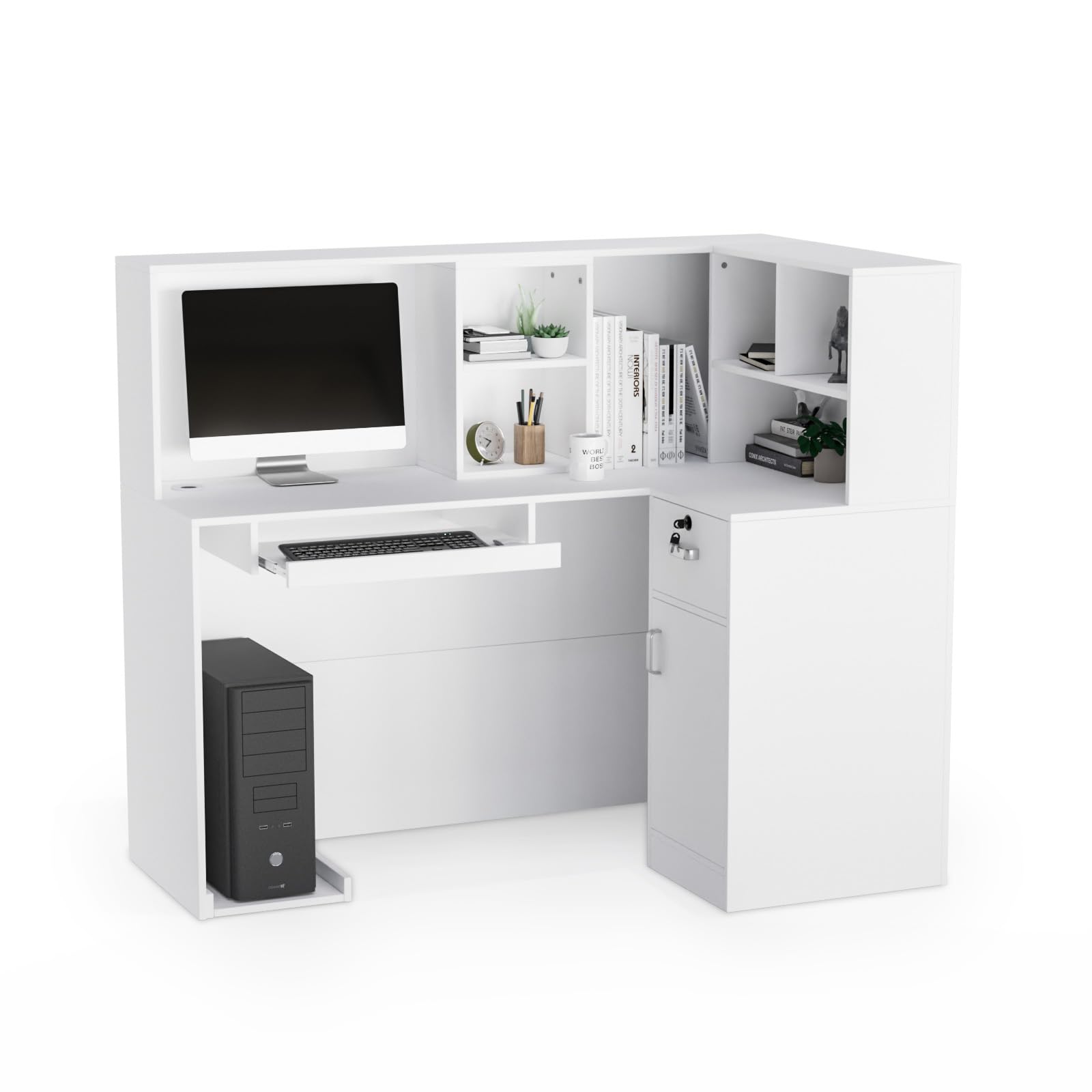 L-Shaped Reception Desk with Lockable Drawers & Adjustable Shelf - 55.9