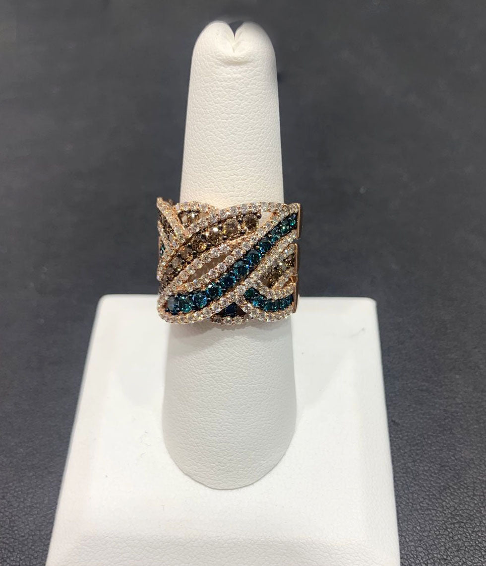 14K Rose Gold Ring with Brown, Blue & White Diamonds - Elegant Jewelry for Weddings, Anniversaries & Special Occasions