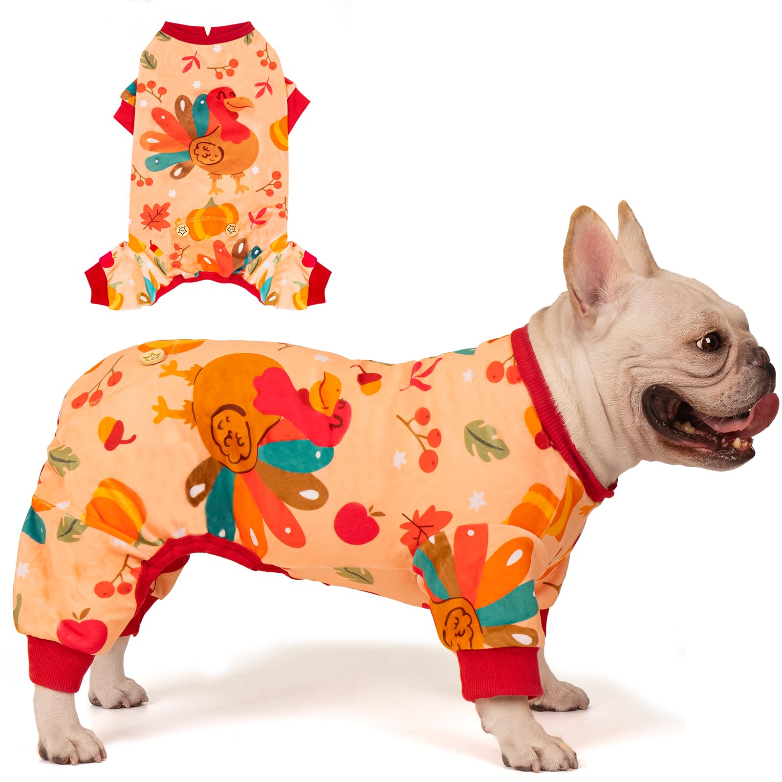 KYEESE Thanksgiving Dog Pajamas - Soft & Stretchable Turkey Print Velvet Onesie for Small & Medium Dogs | Cozy Dog Pjs, Apparel & Clothes for Holiday Family Gatherings & Indoor Lounging