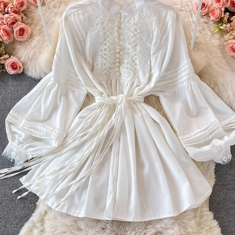 Elegant Autumn Court Style Bow Loose White Short Dress 1385 - Perfect for Fall Weddings, Garden Parties & Formal Events