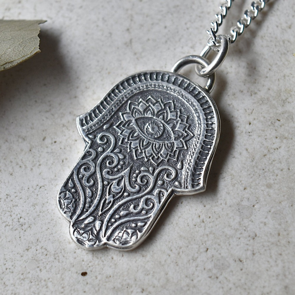 Hamsa Hand Silver Necklace for Women - Elegant Protection Jewelry for Everyday Wear, Gift for Her, Spiritual & Boho Style