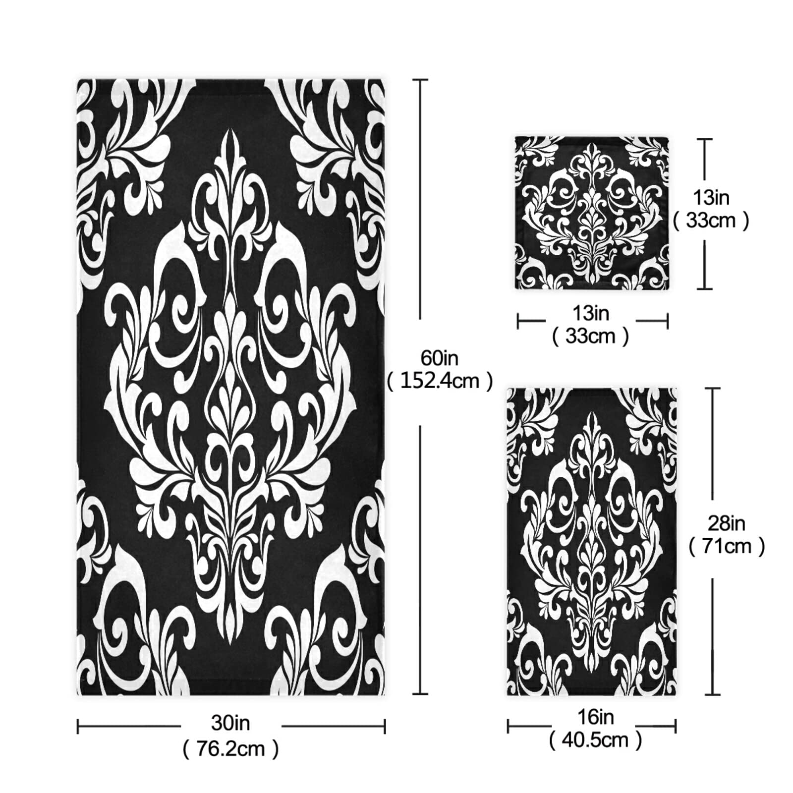 Luxury Black Damask Baroque Floral Bath Towels - Ultra Soft & Highly Absorbent - Set of 3 for Home, Hotel & Spa - Perfect for Bathroom Decor, Guest Towels & Luxury Bath Experience
