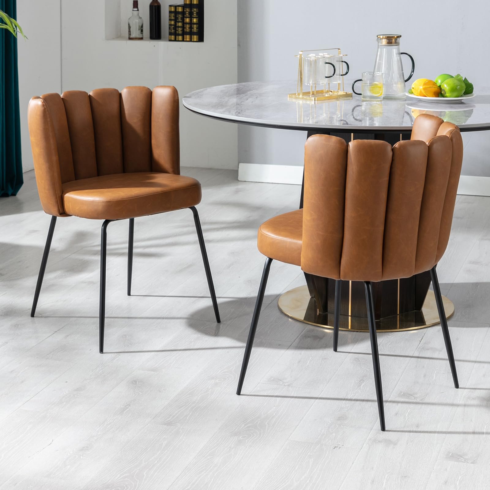 Modern Brown PU Leather Dining Chairs Set of 2 - Armless Faux Leather Upholstered Kitchen Side Chairs with Black Metal Legs - Perfect for Home, Kitchen, Living Room & Dining Room Decor