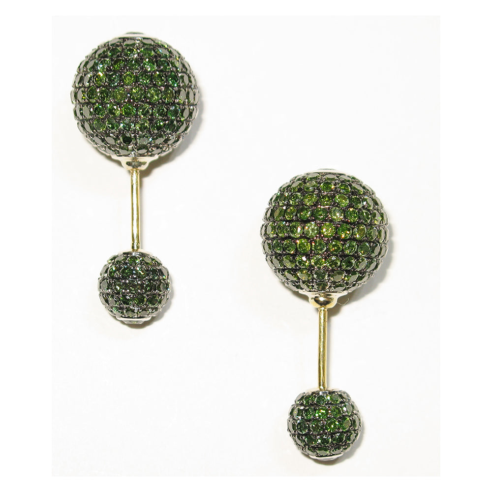 14K Yellow Gold Green Diamond Pave Double Sided Earrings for Women - Elegant Dangle Earrings for Party, Wedding & Special Occasions