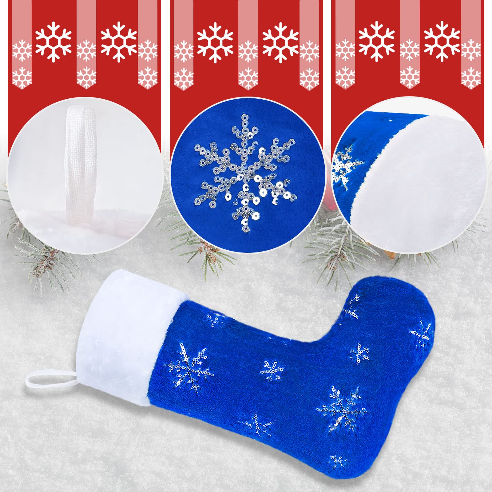 22 Inch Blue Faux Fur Christmas Stockings Set of 4 - Large Plush Holiday Stockings with Silver Sequin Snowflake Design for Fireplace, Xmas Tree, Mantel & Home Decor (56cm) - Perfect for Family Gift Exchange & Festive Holiday Decorations