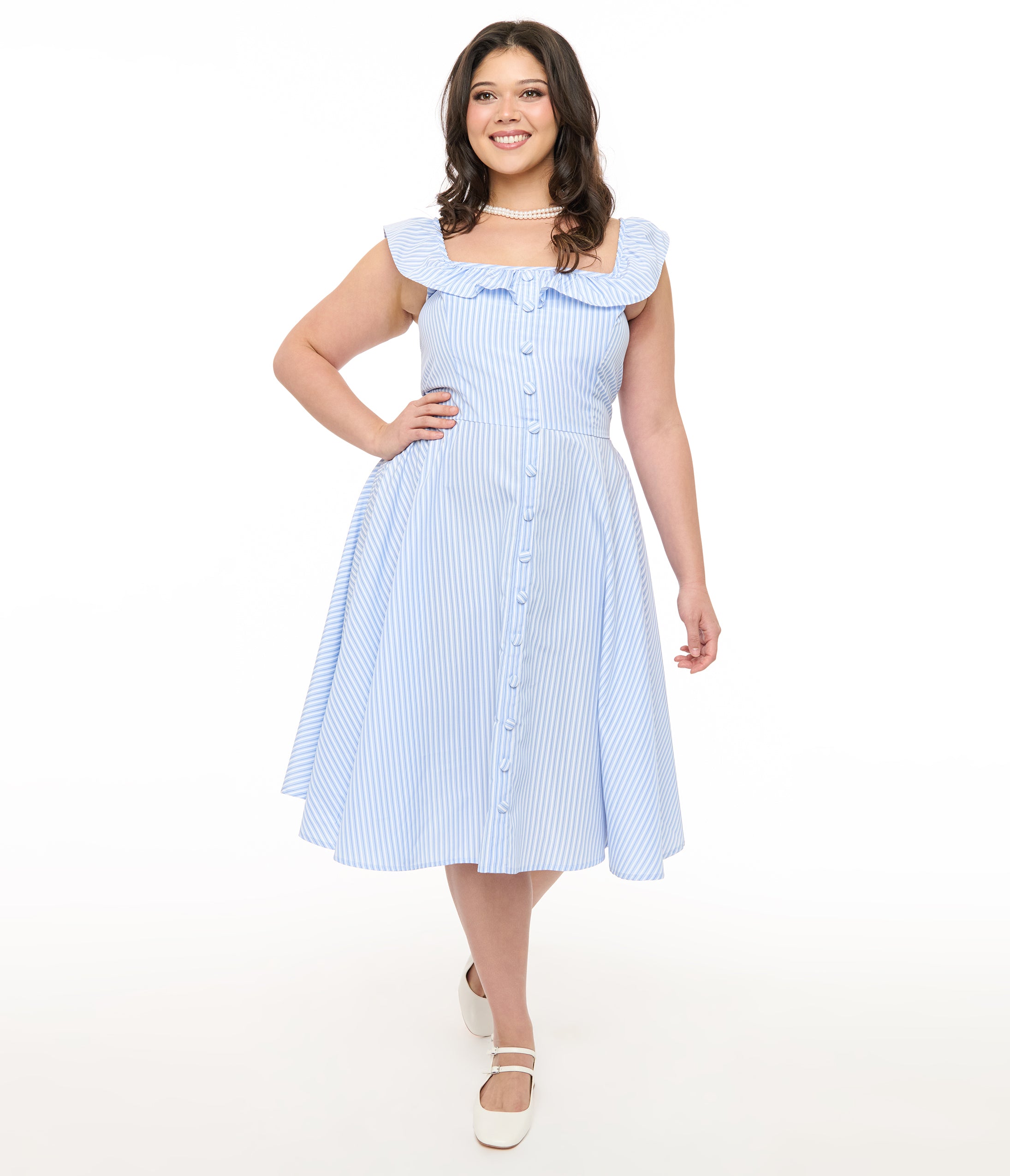 Magnolia Place Plus Size 1950s Blue & White Stripe Barbara Swing Dress - Vintage Retro A-Line Dress for Women, Perfect for Cocktail Parties, Date Nights & Special Occasions
