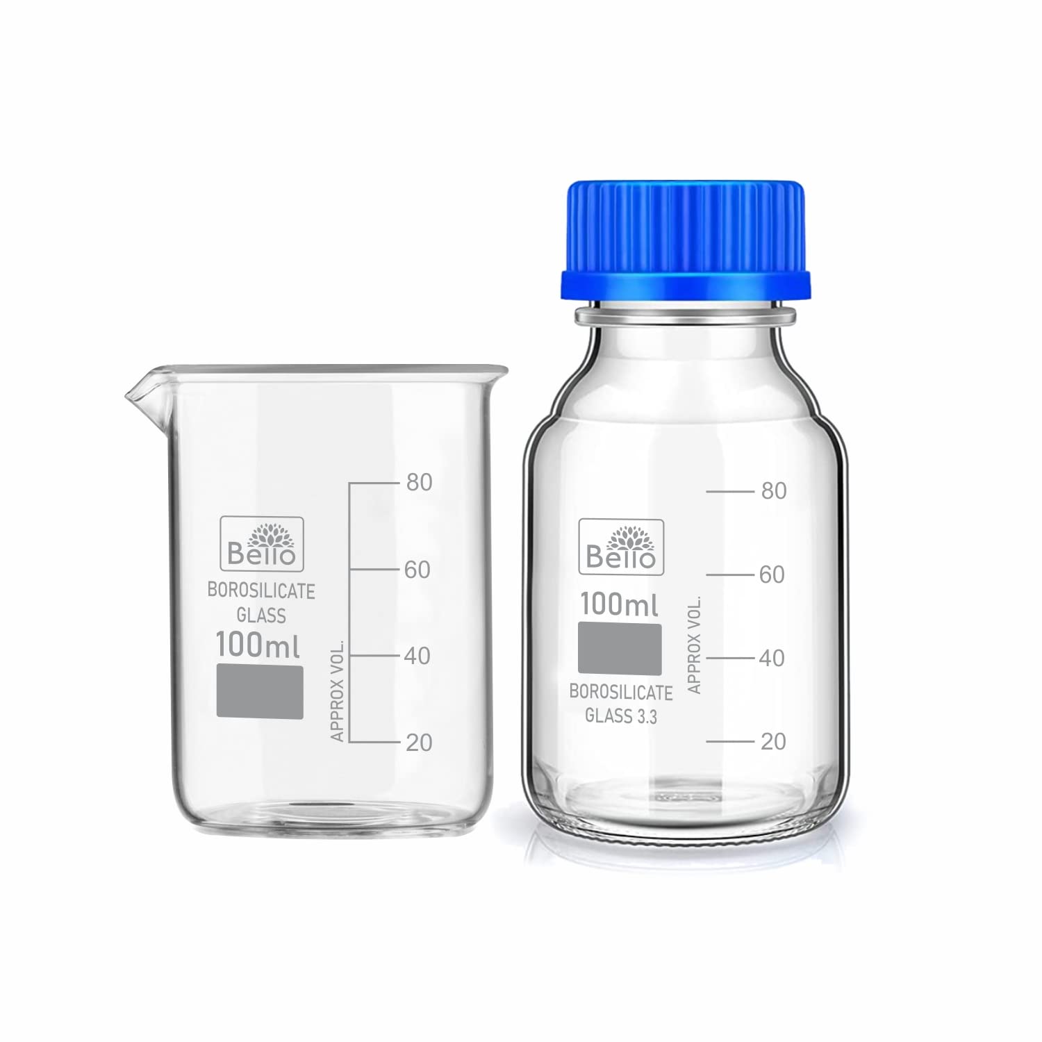 Premium 100ml Borosilicate Glass Measuring Beaker & Reagent Bottle Set with Leak-Proof Blue Screw Cap - 2-Pack for Chemistry Lab, Scientific Experiments, Kitchen Measuring & Professional Use - Ideal for Liquid Measurement, Mixing Solutions & Precise Pouring
