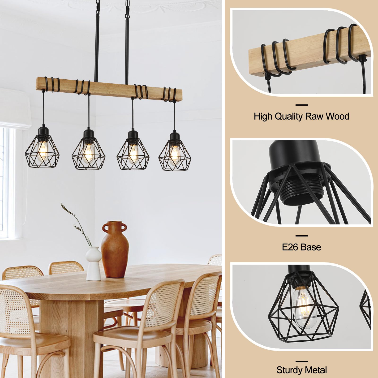 Modern Farmhouse 4-Light Kitchen Island Pendant Light - Black Rustic Wood Linear Chandelier for Dining Room & Table Lighting - Perfect for Farmhouse, Industrial & Rustic Home Decor