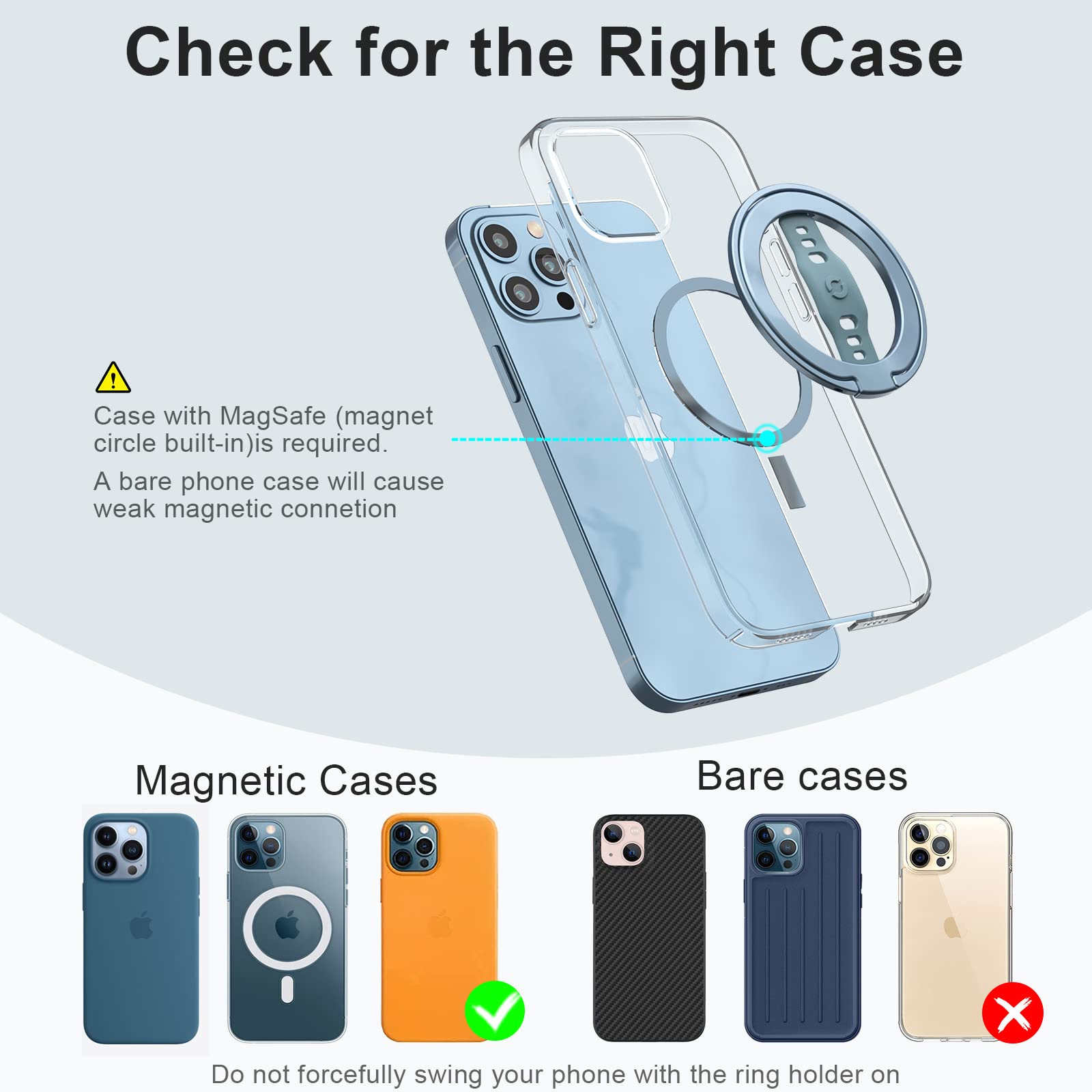 EWA MagOne (Upgrade) - MagSafe兼容手机支架带硅胶指环扣，可拆卸磁吸环支架，适用于iPhone 15/14/13 Pro/Max/Plus - 蓝色，适合办公、旅行、健身场景