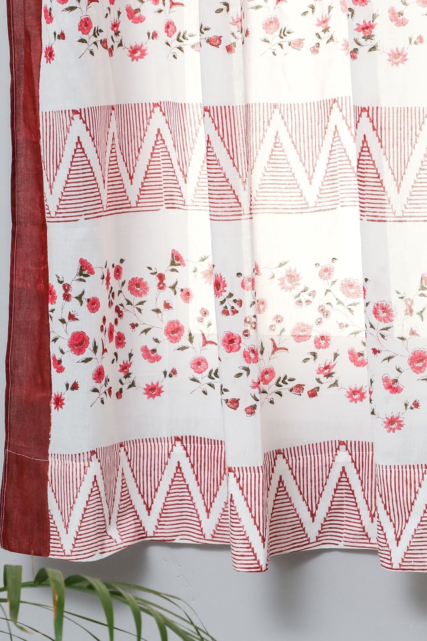 Handblock Printed Cotton Window Curtain - Zig Zag Ruby Crush Design | Elegant Home Decor for Living Room, Bedroom & Office