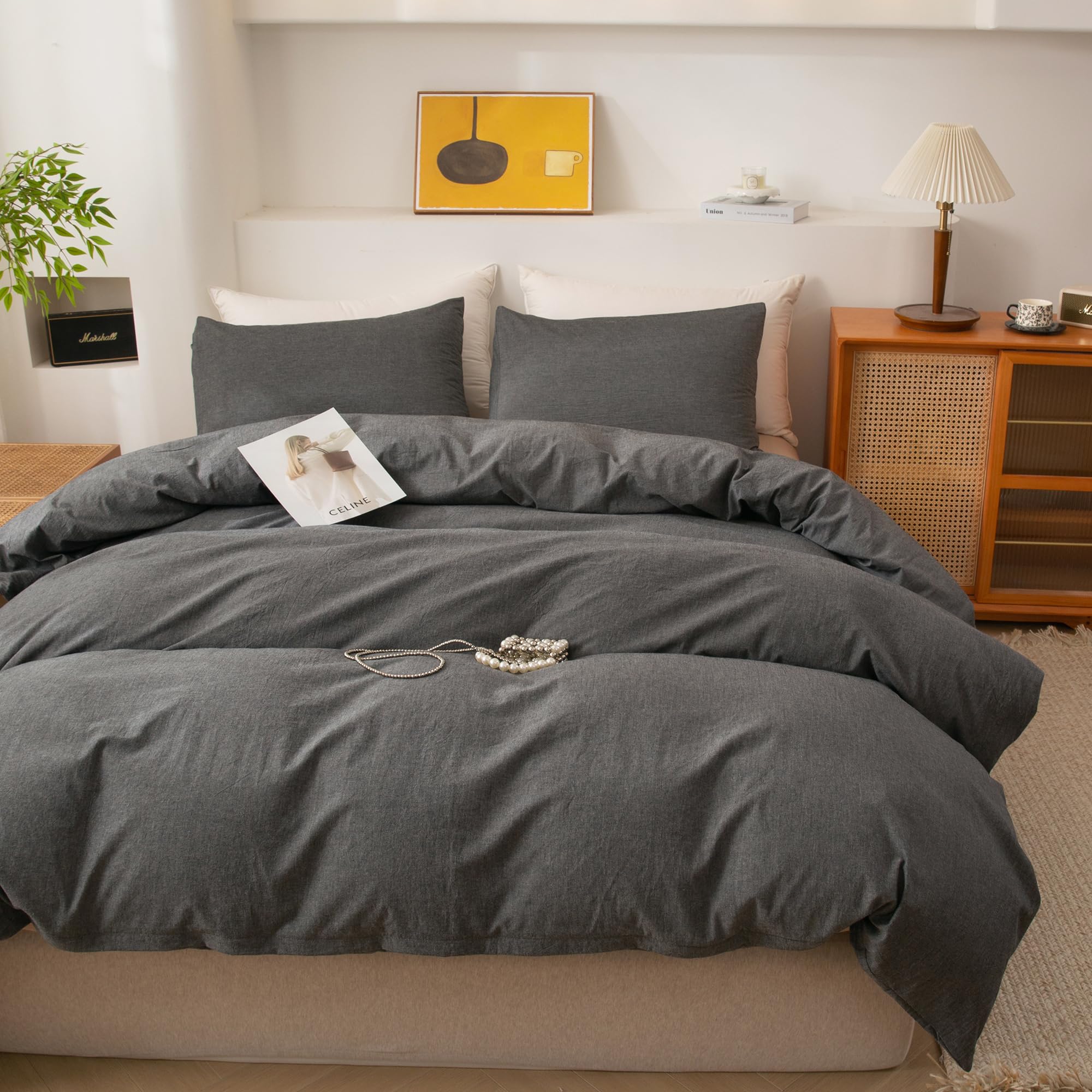 ECOCOTT King Size Grey Duvet Cover Set - 100% Washed Cotton, Ultra Soft & Breathable with Zipper Closure & 2 Pillowcases - Easy Care Simple Style Bedding for Cozy Sleep (Dark Grey) - Perfect for Master Bedroom, Guest Room & Airbnb