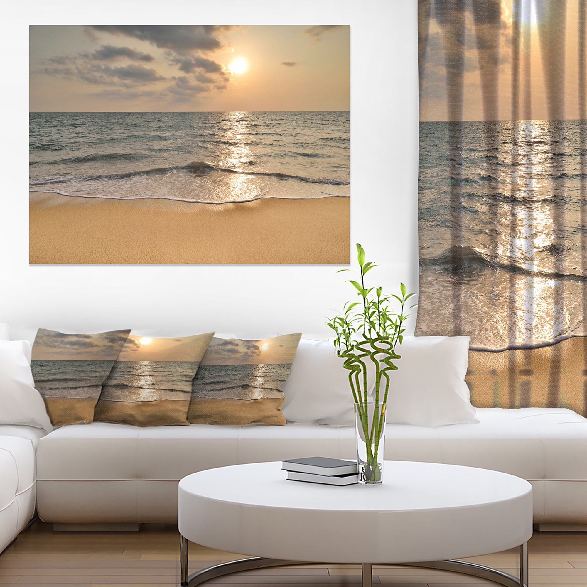 Sunset Tropical Beach Canvas Art - Dark Sand Seascape Wall Decor for Living Room, Bedroom & Office | Modern Coastal Painting