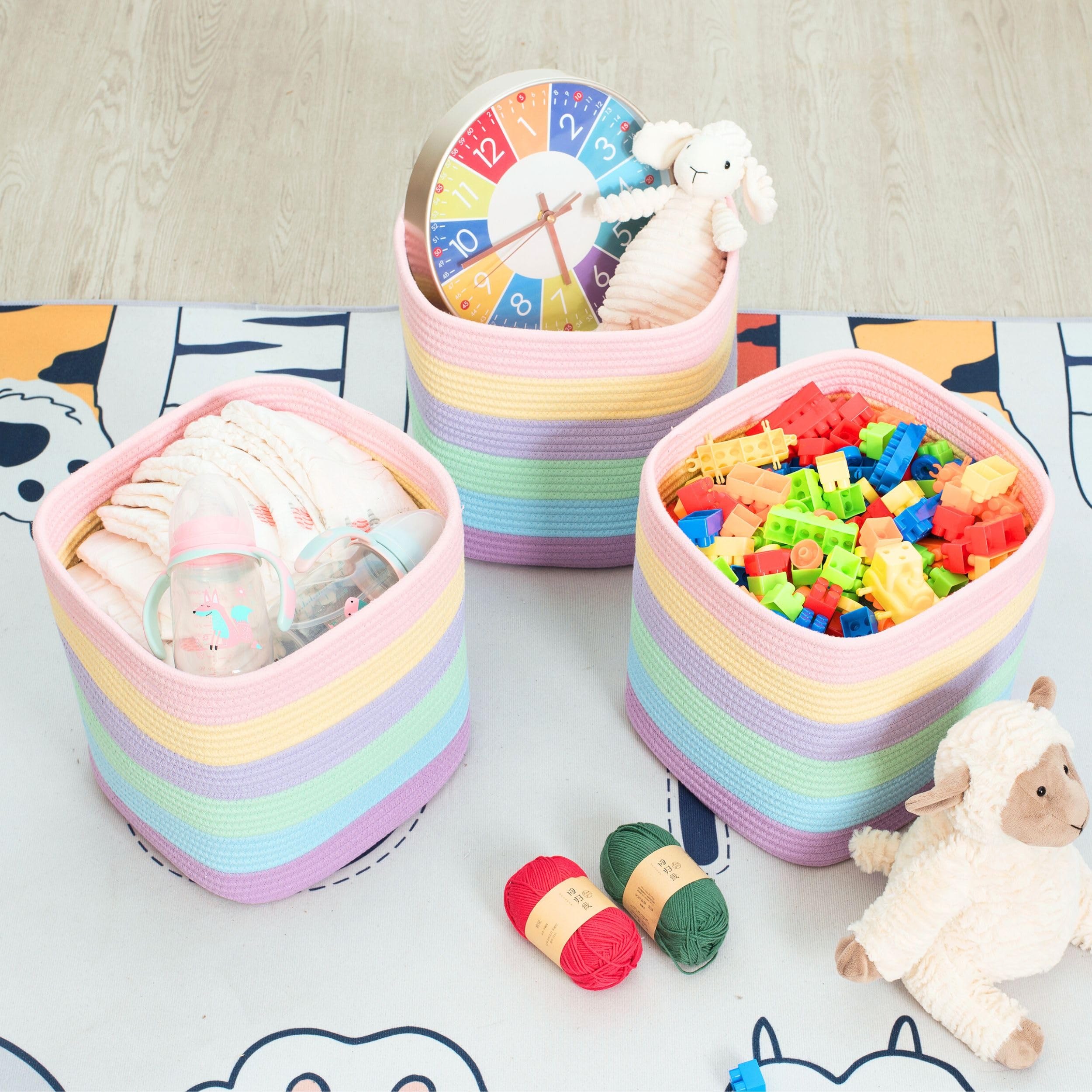 MINTWOOD 3-Pack 11x11 Inch Woven Storage Bins - Pastel Rainbow Cube Organizers for Closet, Classroom, Bathroom & Pantry | Decorative Shelf Baskets for Home Organization & Storage Solutions