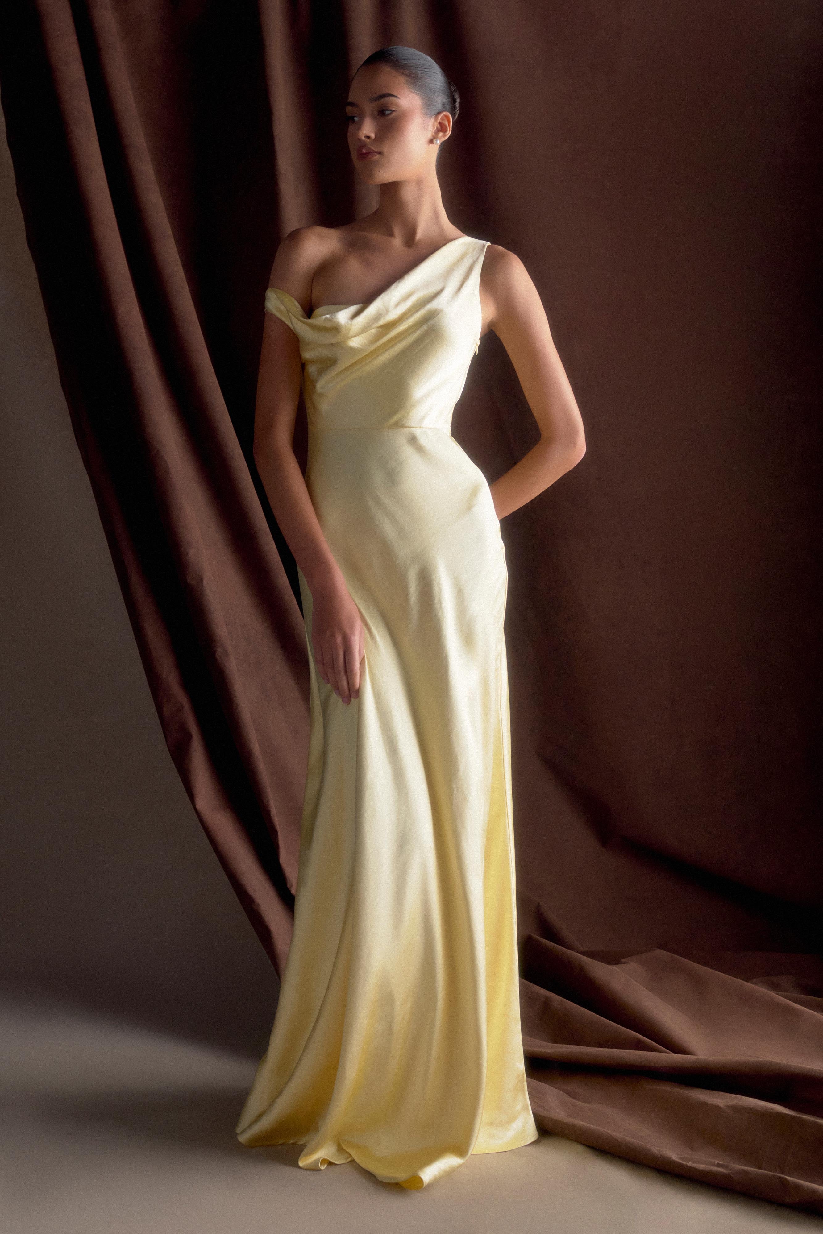 Jacinta One Shoulder Maxi Dress - Pastel Lemon Yellow Flowy Long Dress for Women, Perfect for Beach Vacations, Summer Parties & Boho Weddings
