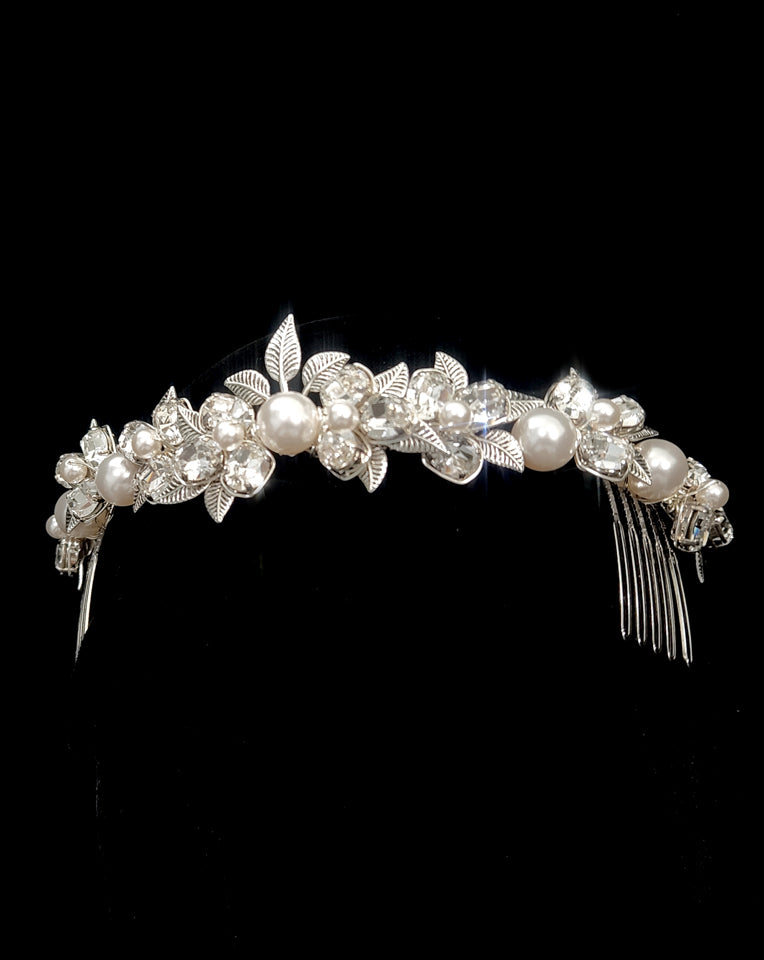 Vintage Leaf & Crystal Low Crown Bridal Headpiece with Large Pearls – Steph by Kezani | Wedding, Prom, Vintage Theme Party Accessory