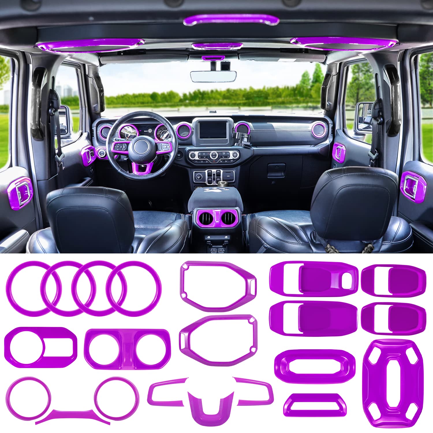 21PCS Full Interior Trim Kit for Jeep Wrangler JL JLU 2018-2023 & Gladiator JT - AC Vent, Door Handle, Speaker, Light & Headlight Switch Covers (Purple) | Premium Car Interior Accessories for Off-Road & Daily Driving